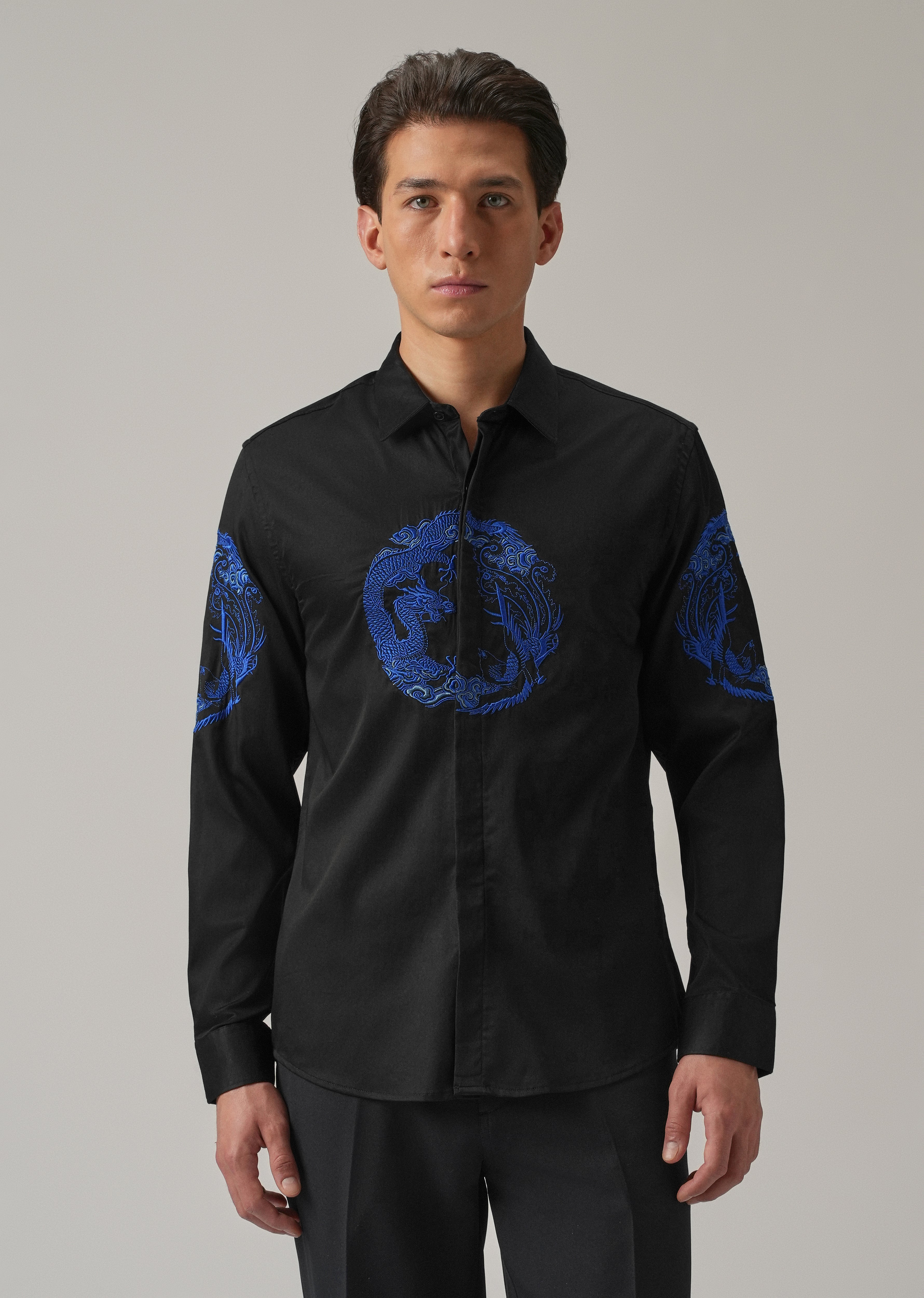 Black Dragon and Phoenix Embroidery Designer Shirt