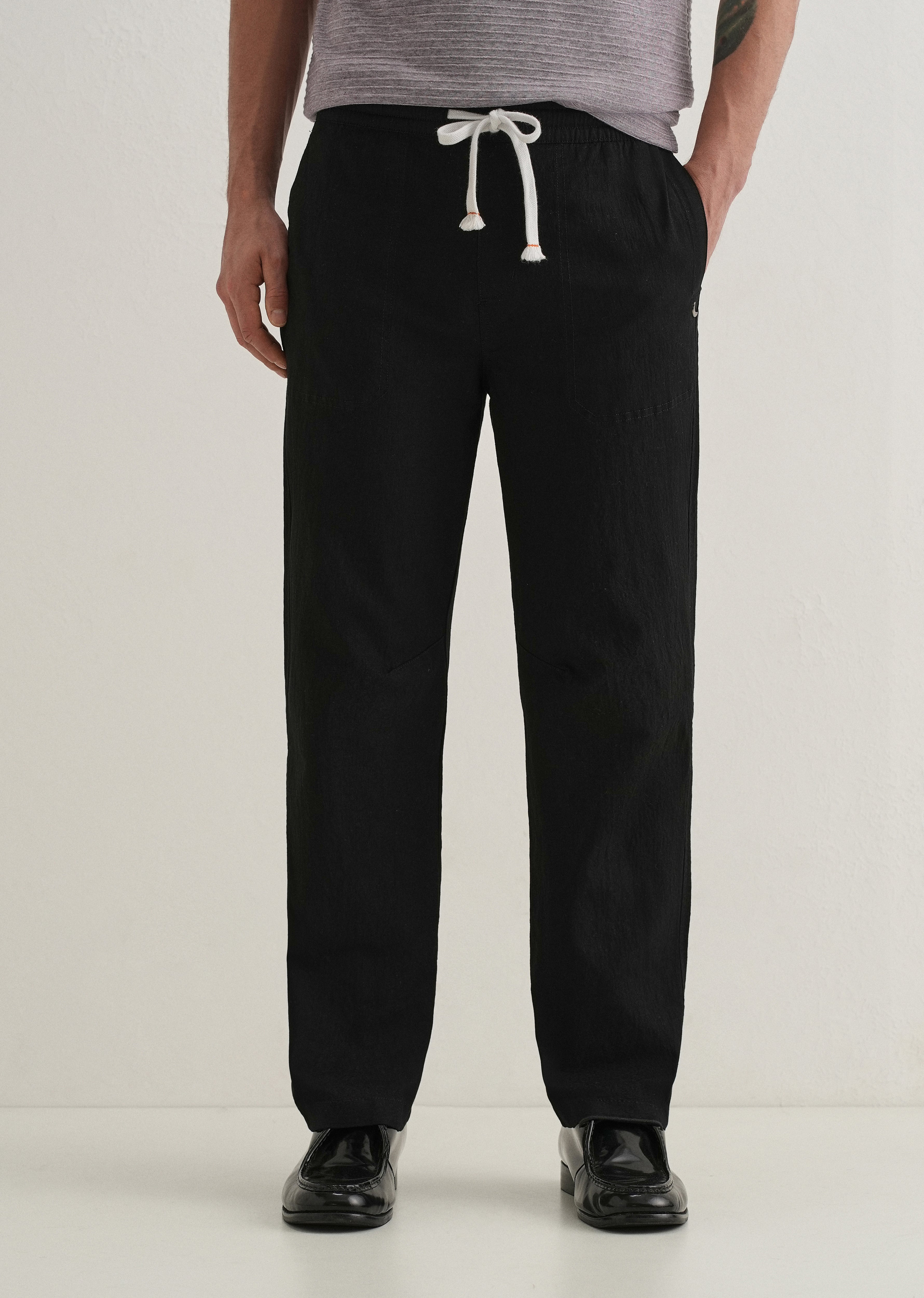 Black Drawstring Cotton Linen Pant