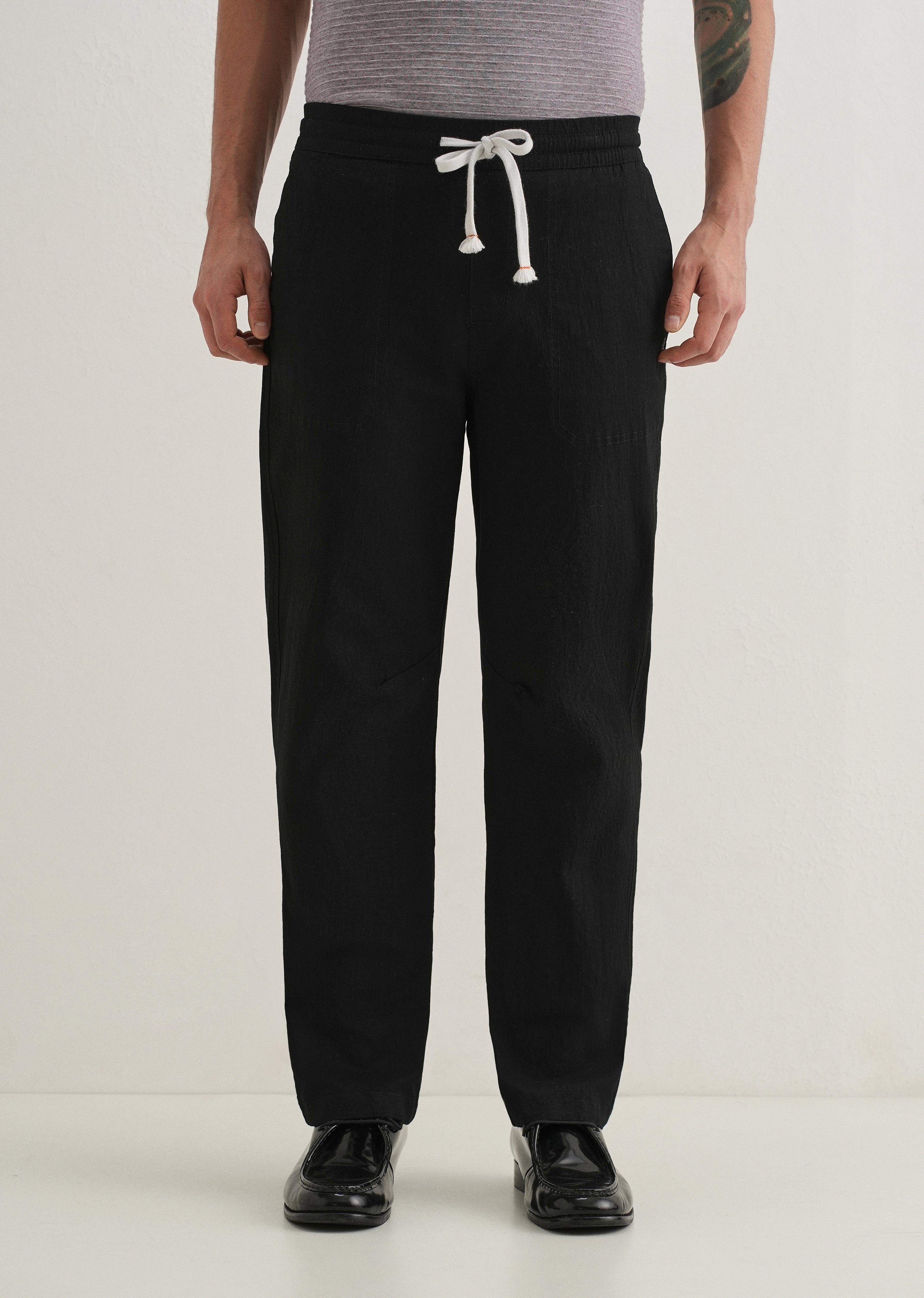 Black Drawstring Cotton Linen Pant