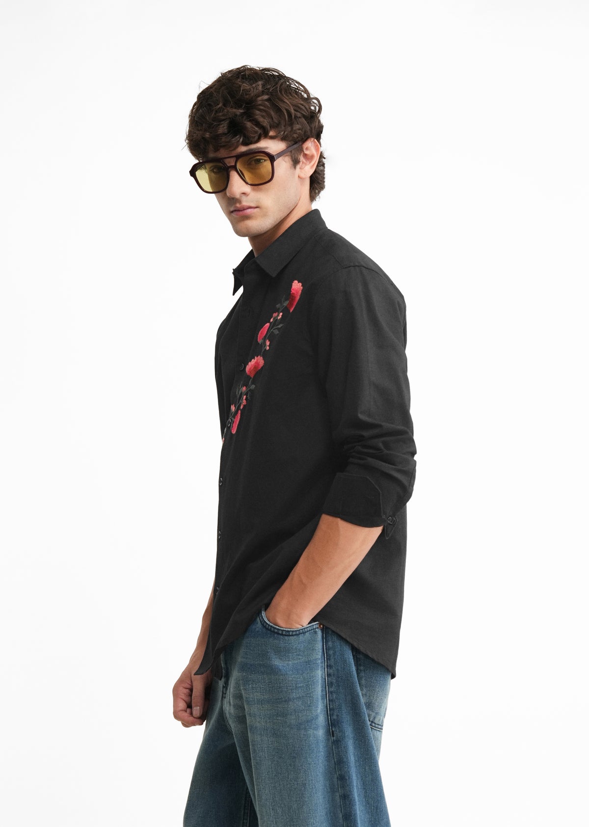 Black Embroidered Cotton Linen Shirt
