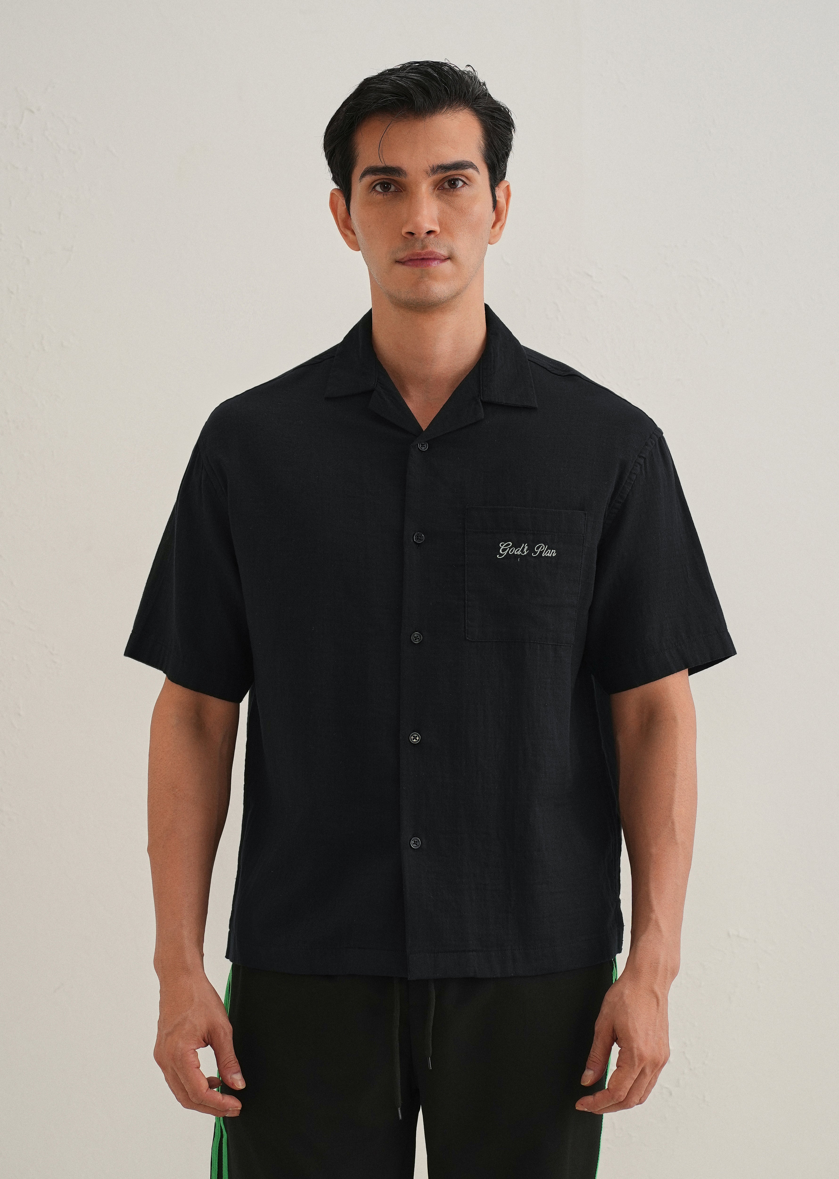 Black Embroidered Double Cloth Cotton Shirt