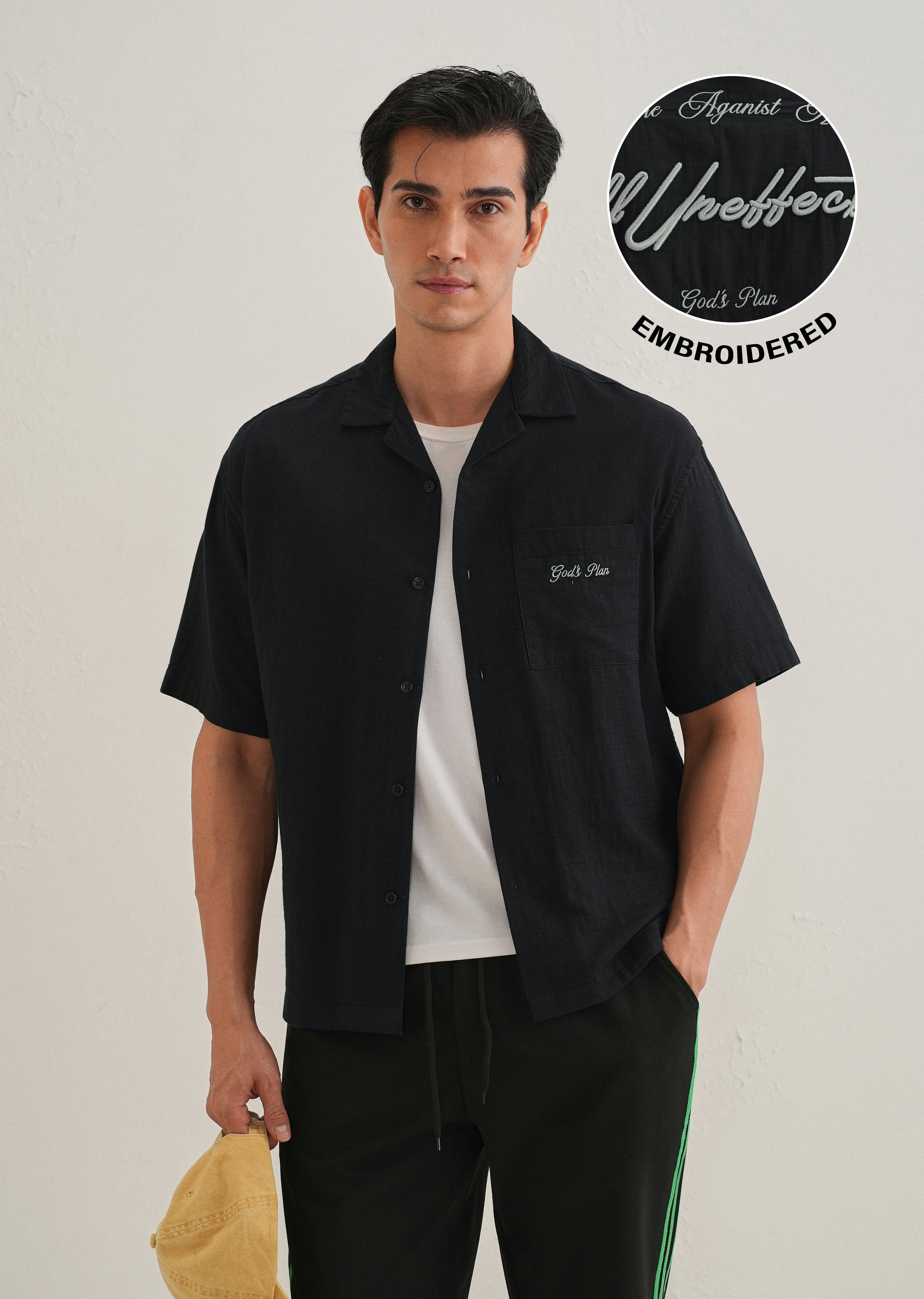 Black Embroidered Double Cloth Cotton Shirt
