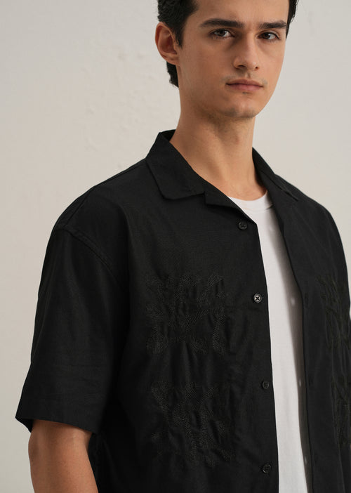 Black Embroidery Cuban Collar Cotton Shirt