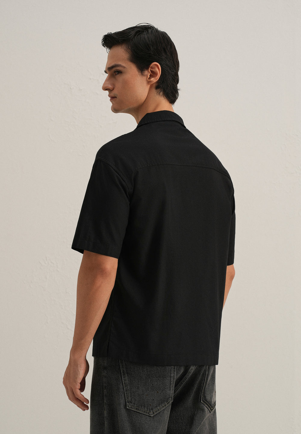 Black Embroidery Cuban Collar Cotton Shirt
