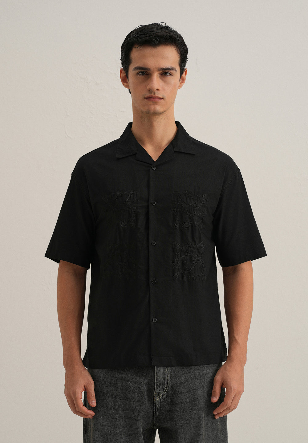 Black Embroidery Cuban Collar Cotton Shirt