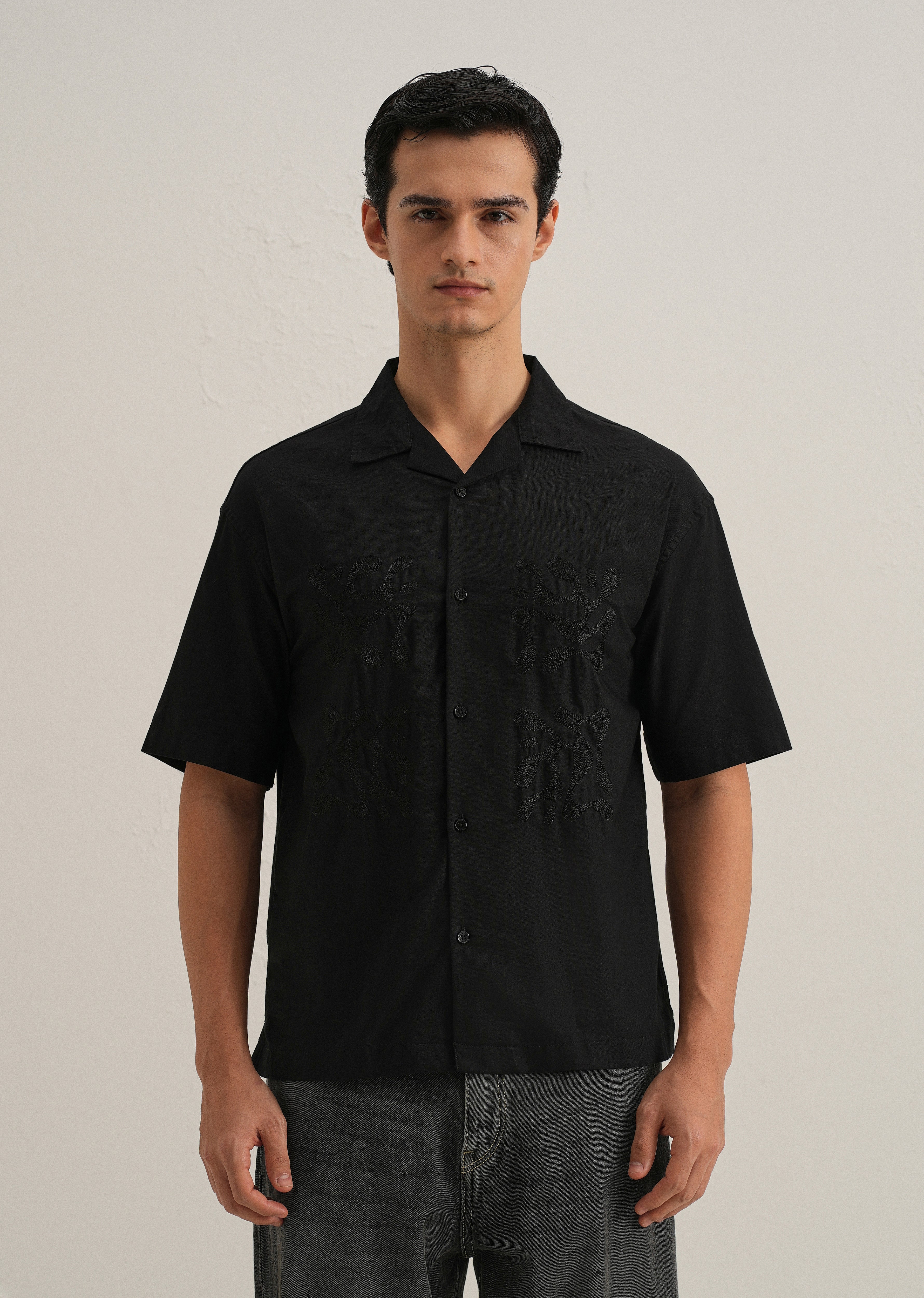 Black Embroidery Cuban Collar Cotton Shirt