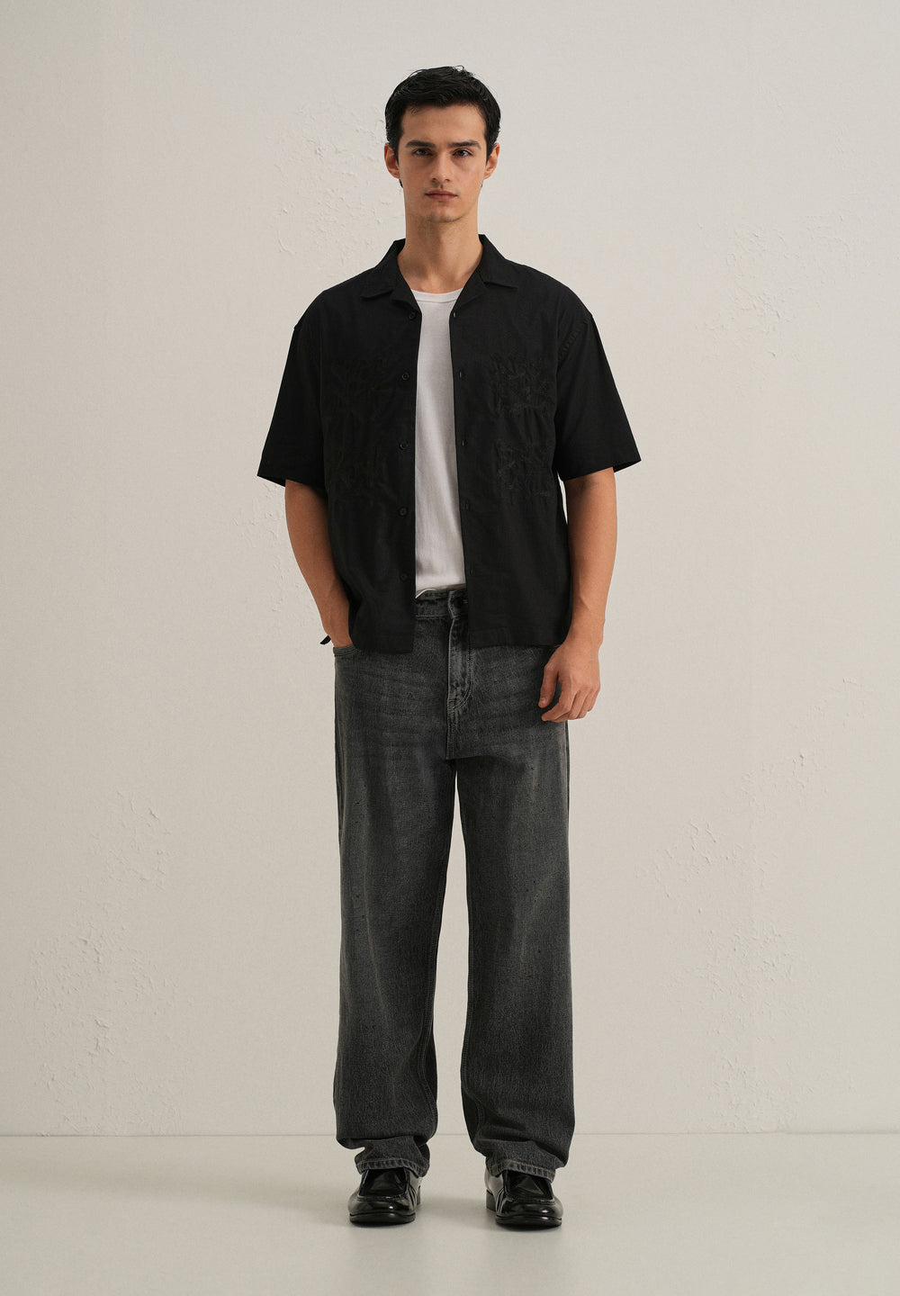 Black Embroidery Cuban Collar Cotton Shirt