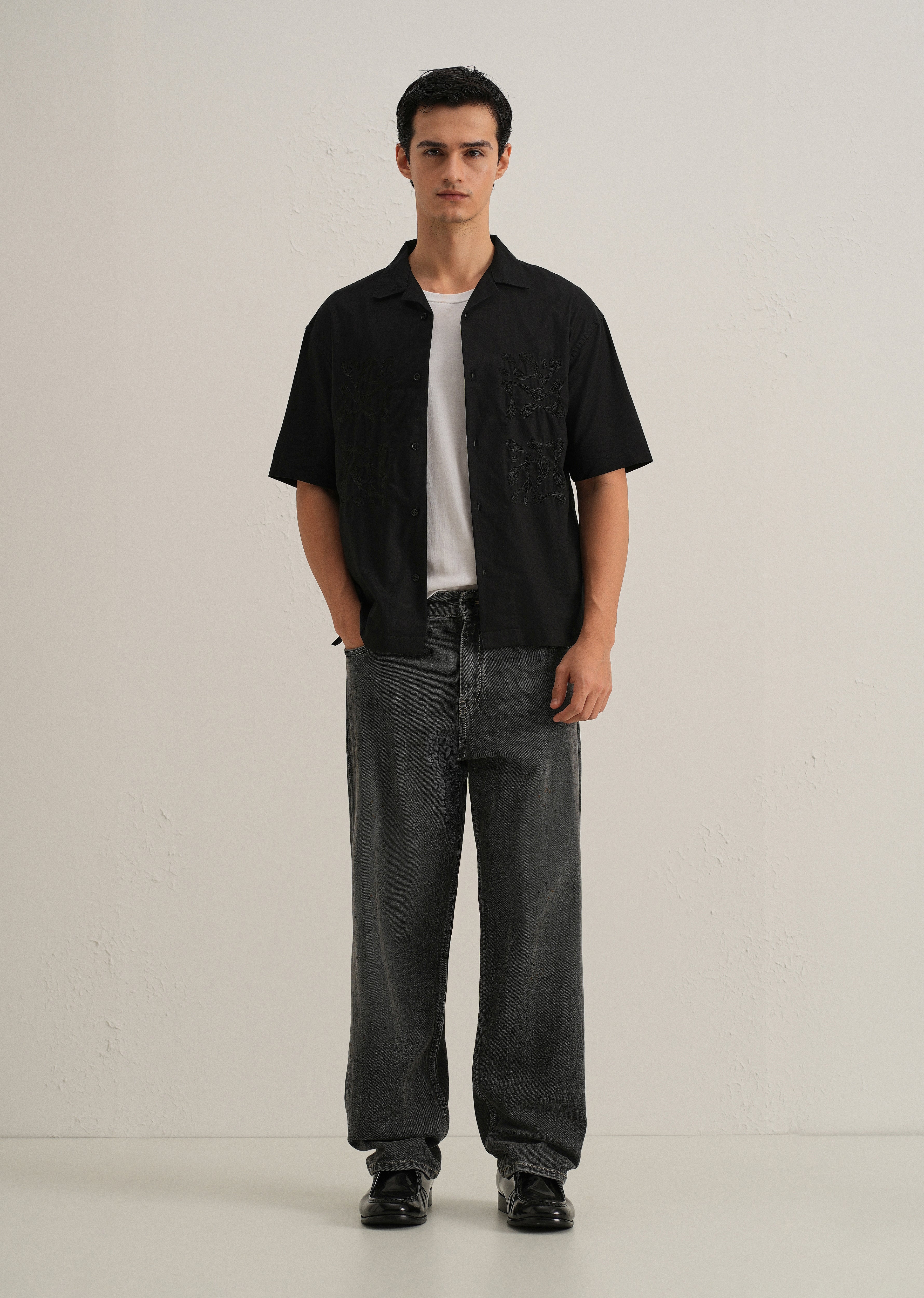 Black Embroidery Cuban Collar Cotton Shirt