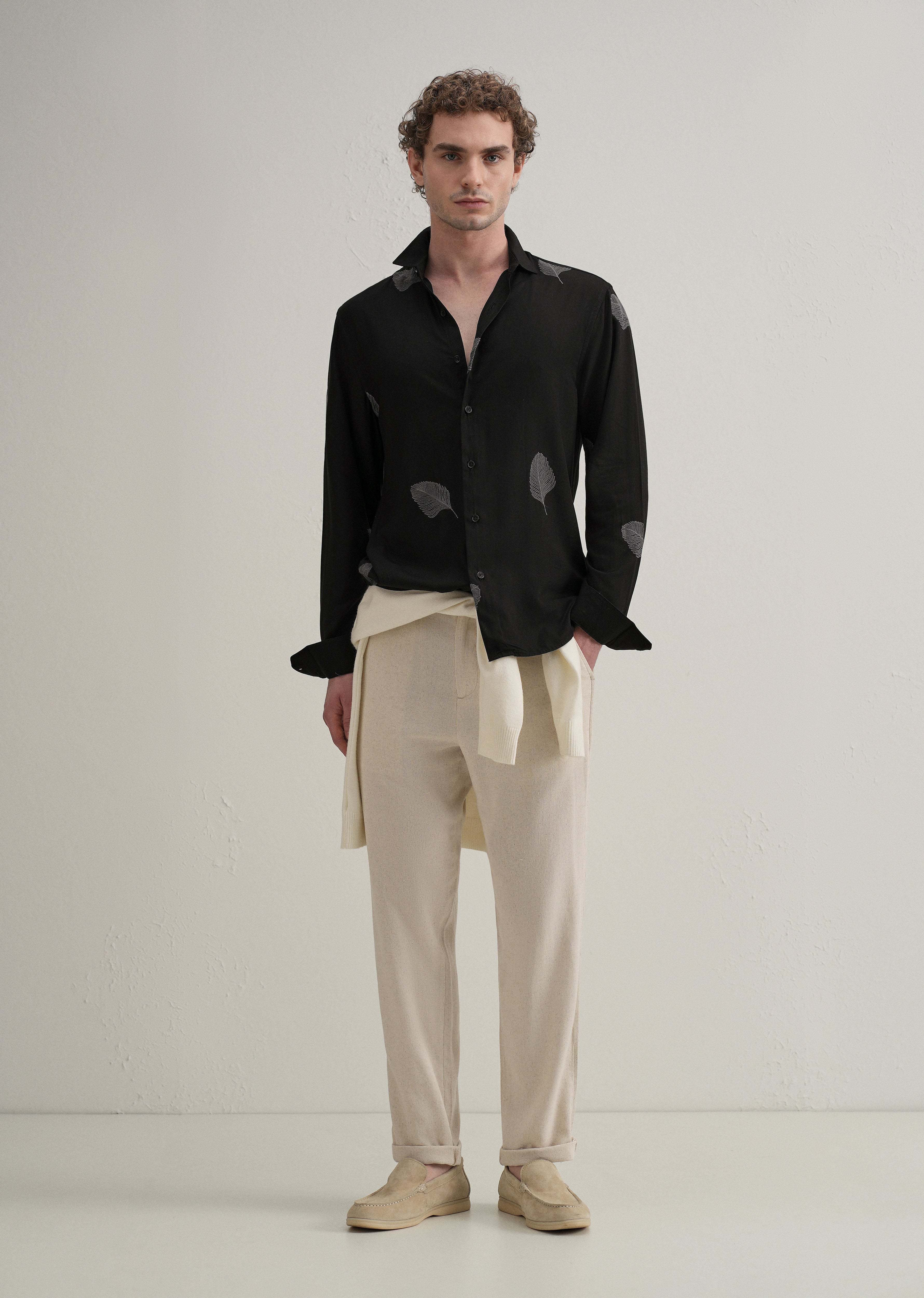 Black Feather Embroidery Shirt