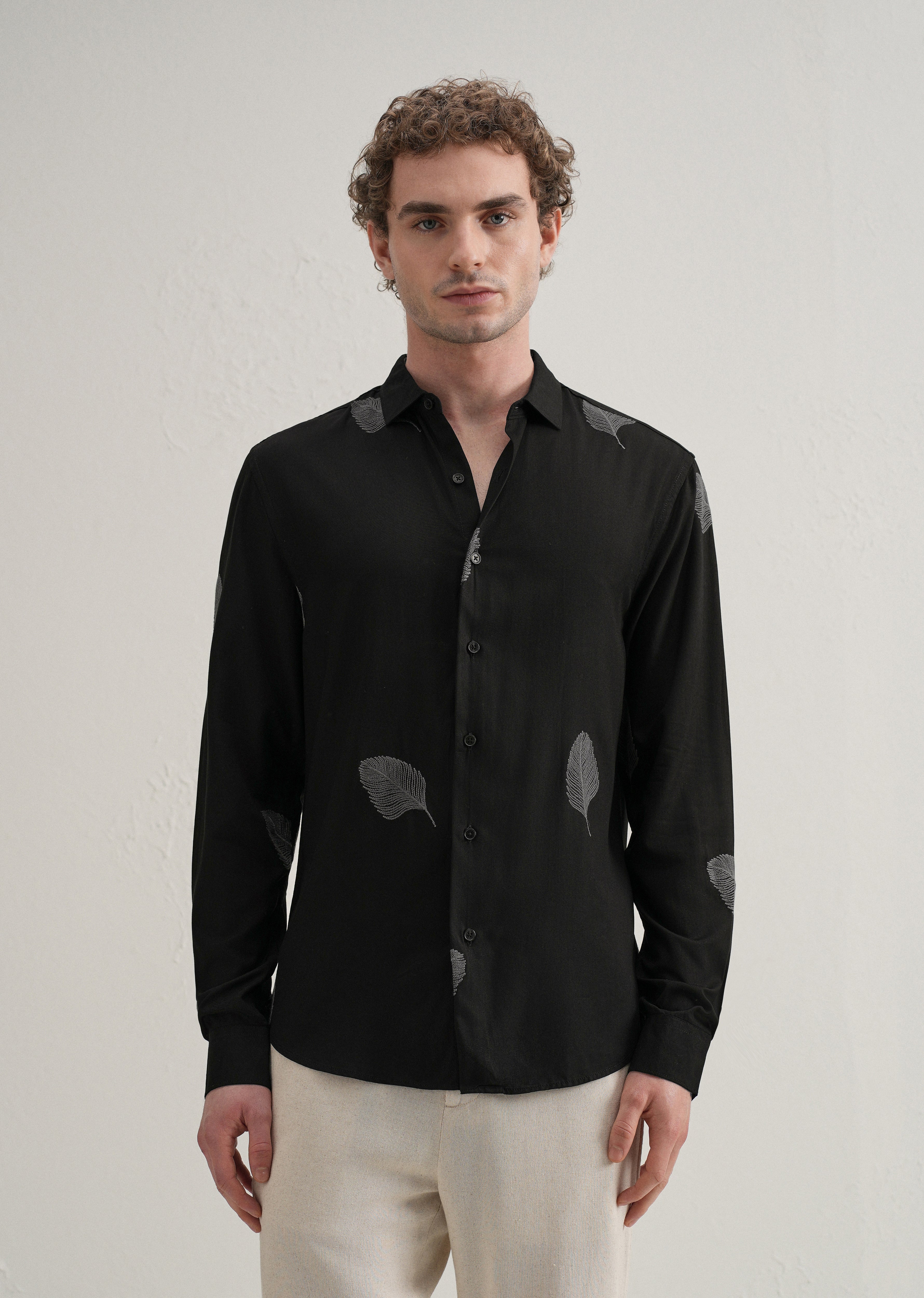Black Feather Embroidery Shirt