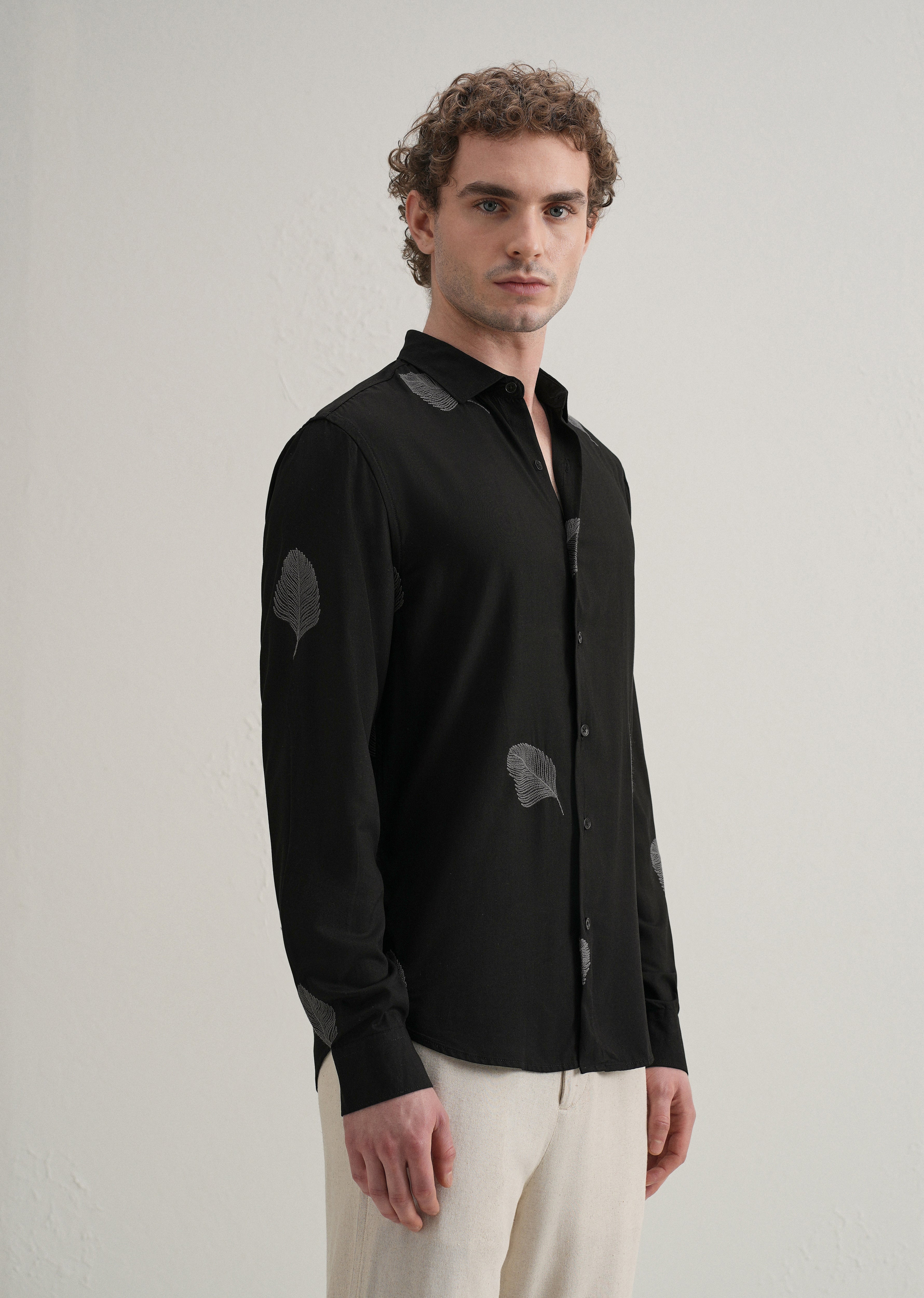 Black Feather Embroidery Shirt