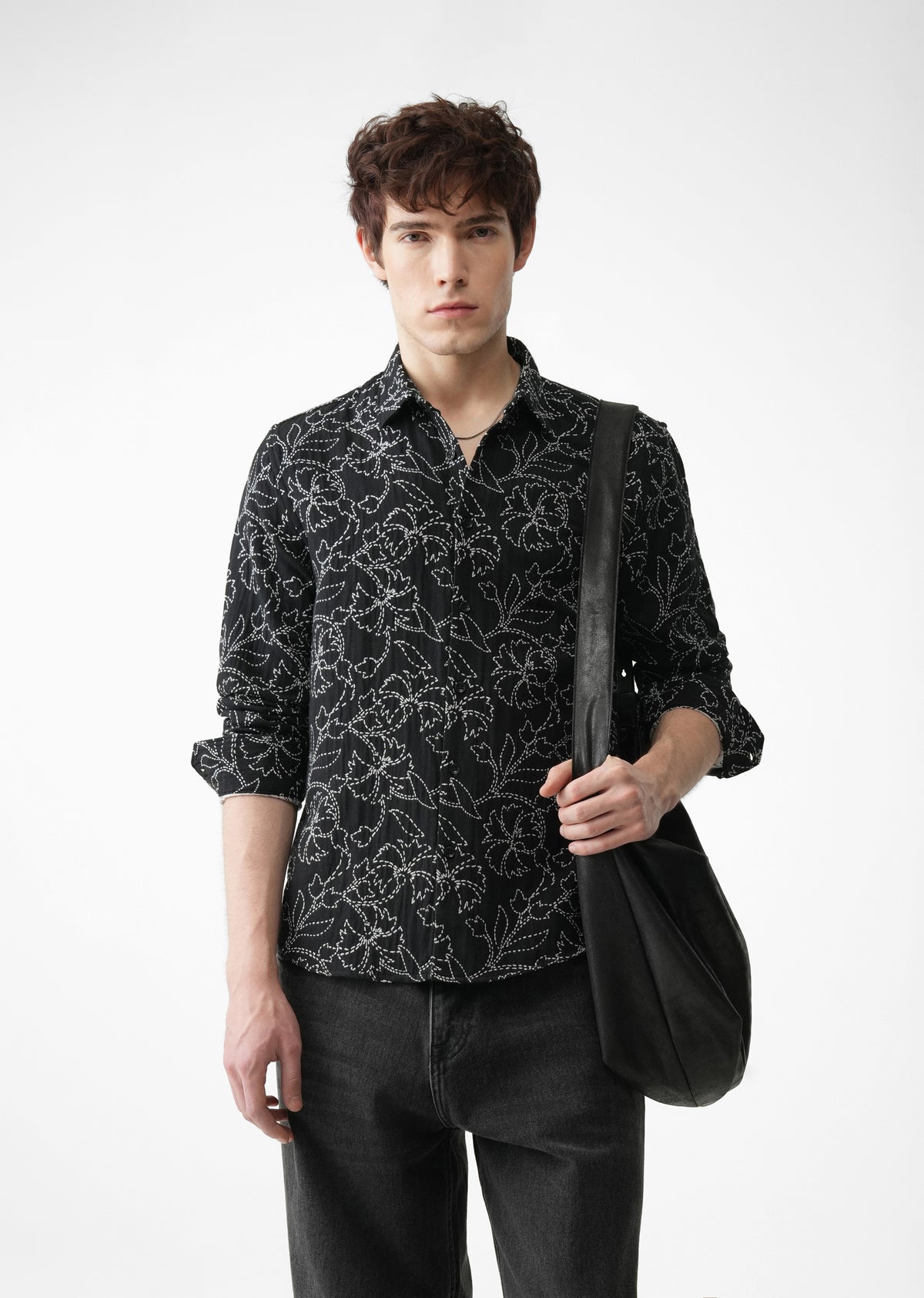 Black Floral Cotton Blend Jacquard Shirt