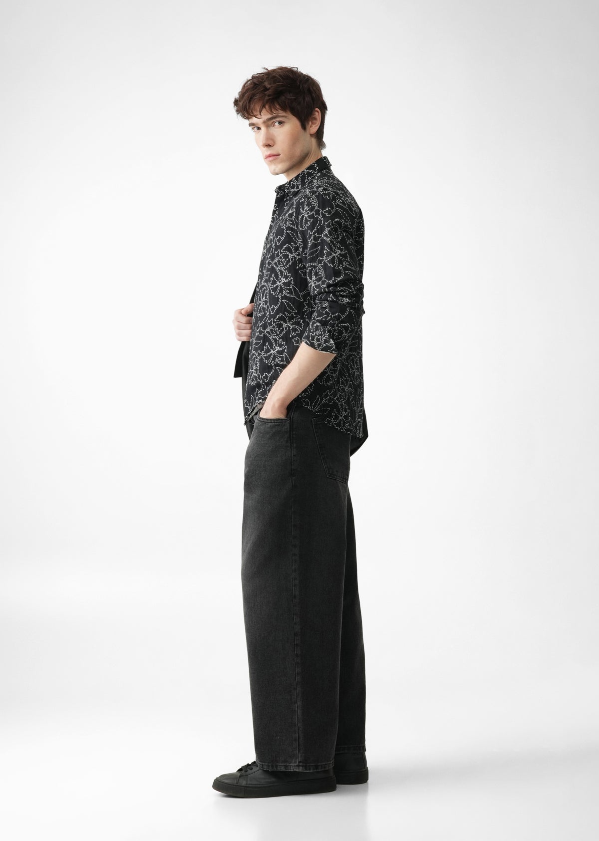 Black Floral Cotton Blend Jacquard Shirt