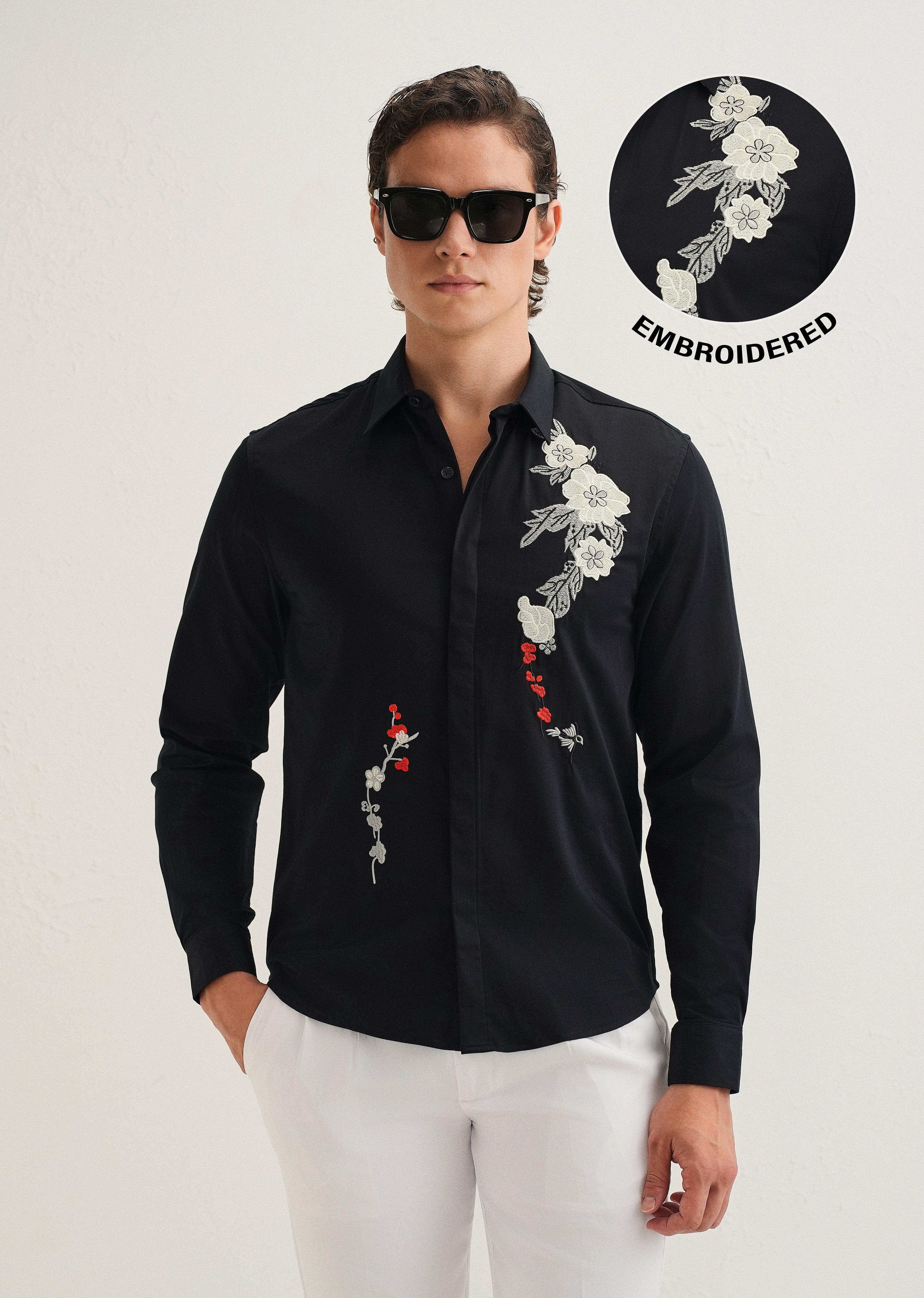 Black Floral Embroidered Designer Shirt