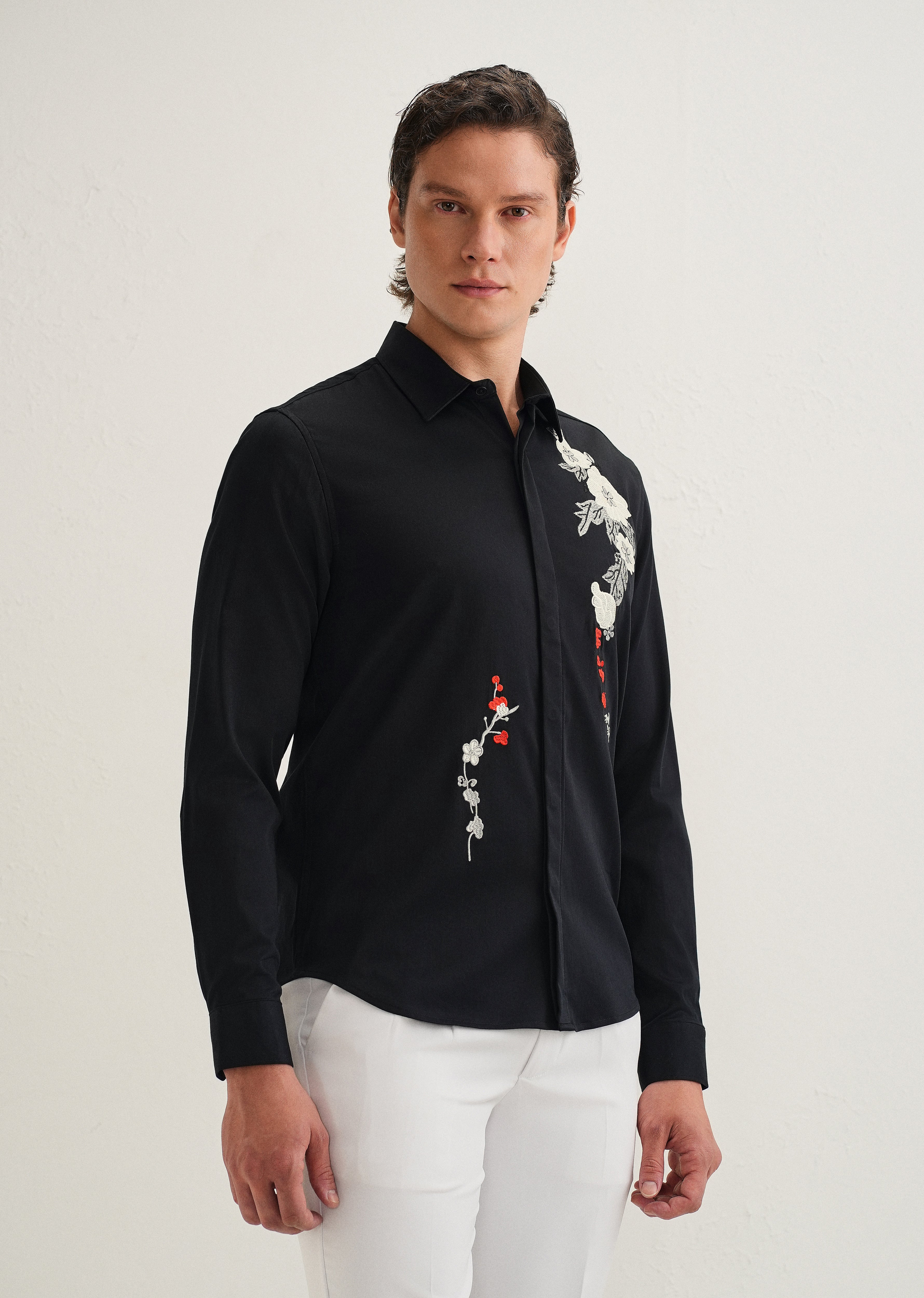 Black Floral Embroidered Designer Shirt