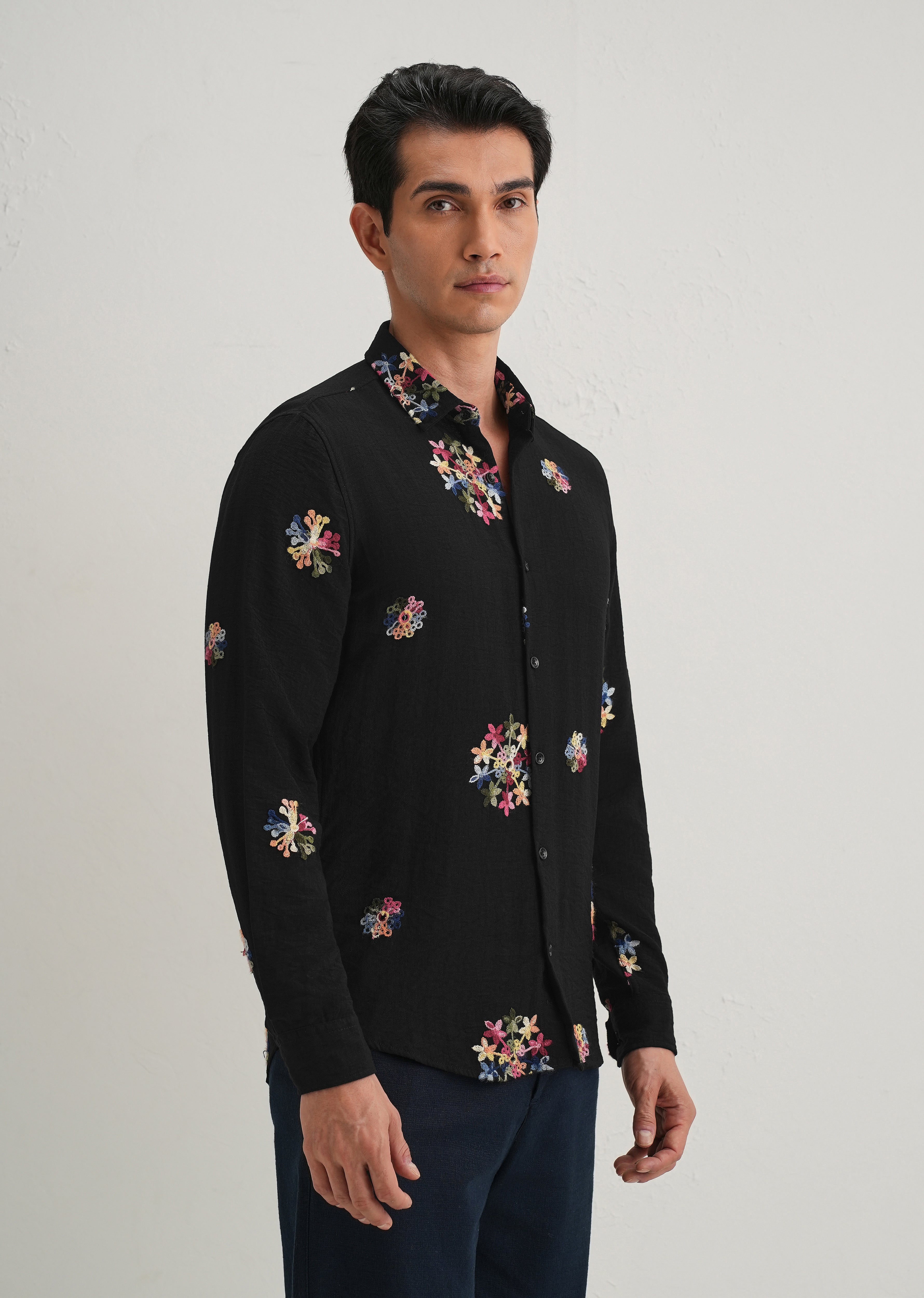 Black Floral Embroidered Shirt