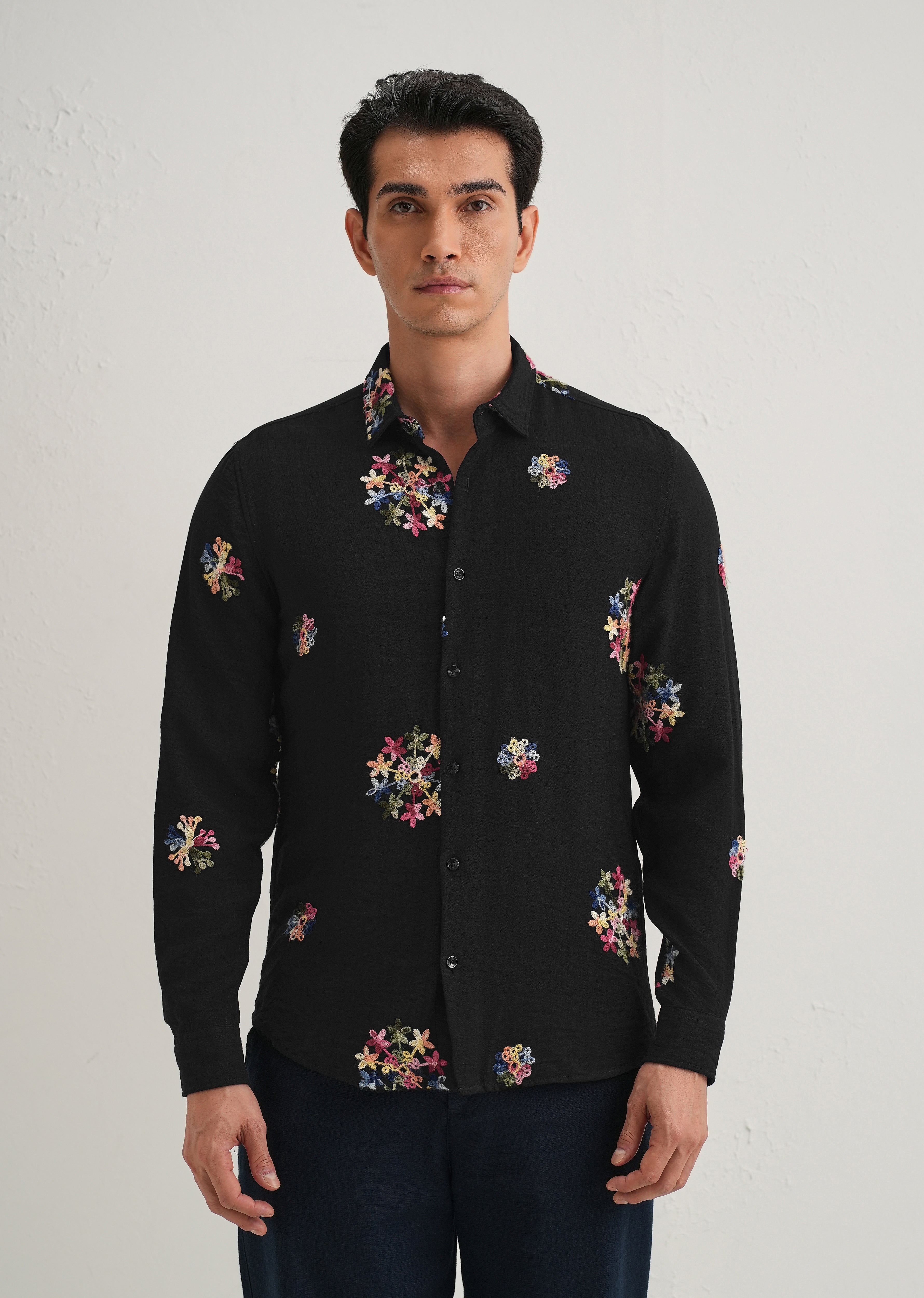 Black Floral Embroidered Shirt