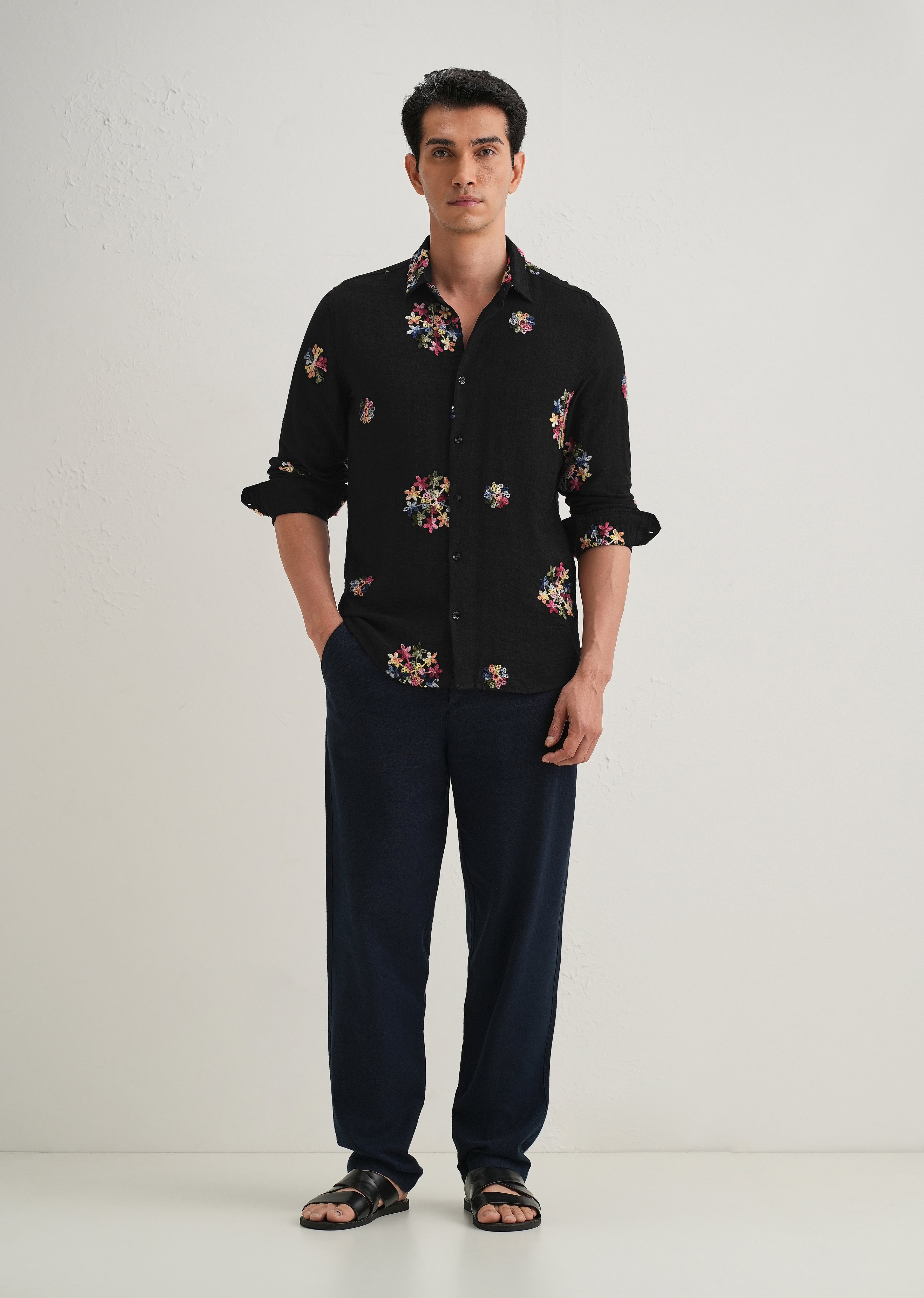 Black Floral Embroidered Shirt
