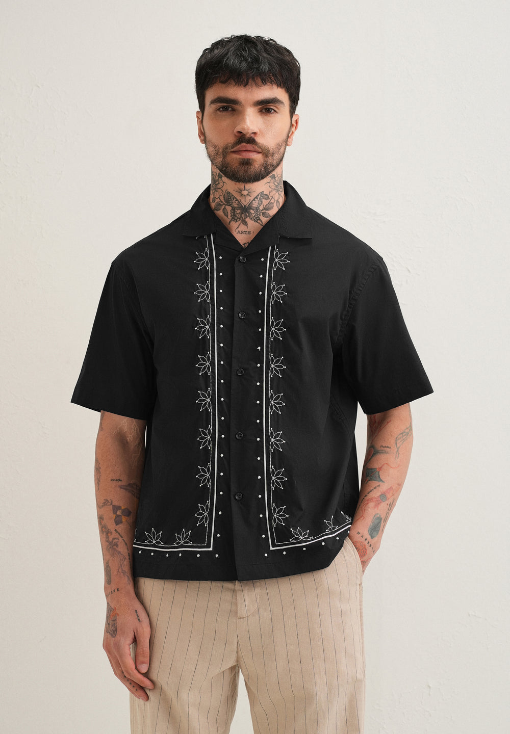 Black Floral Embroidered Stitchless Placket Shirt