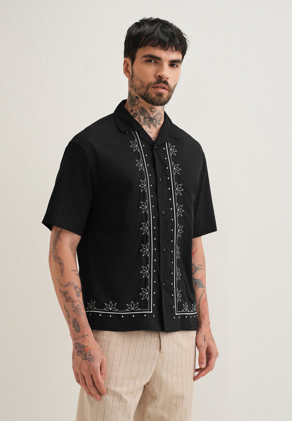 Black Floral Embroidered Stitchless Placket Shirt