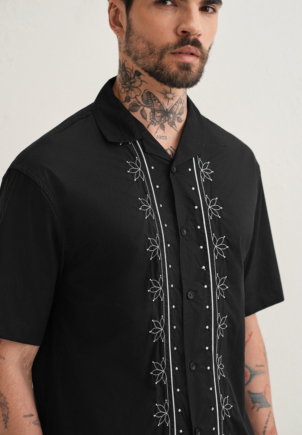 Black Floral Embroidered Stitchless Placket Shirt