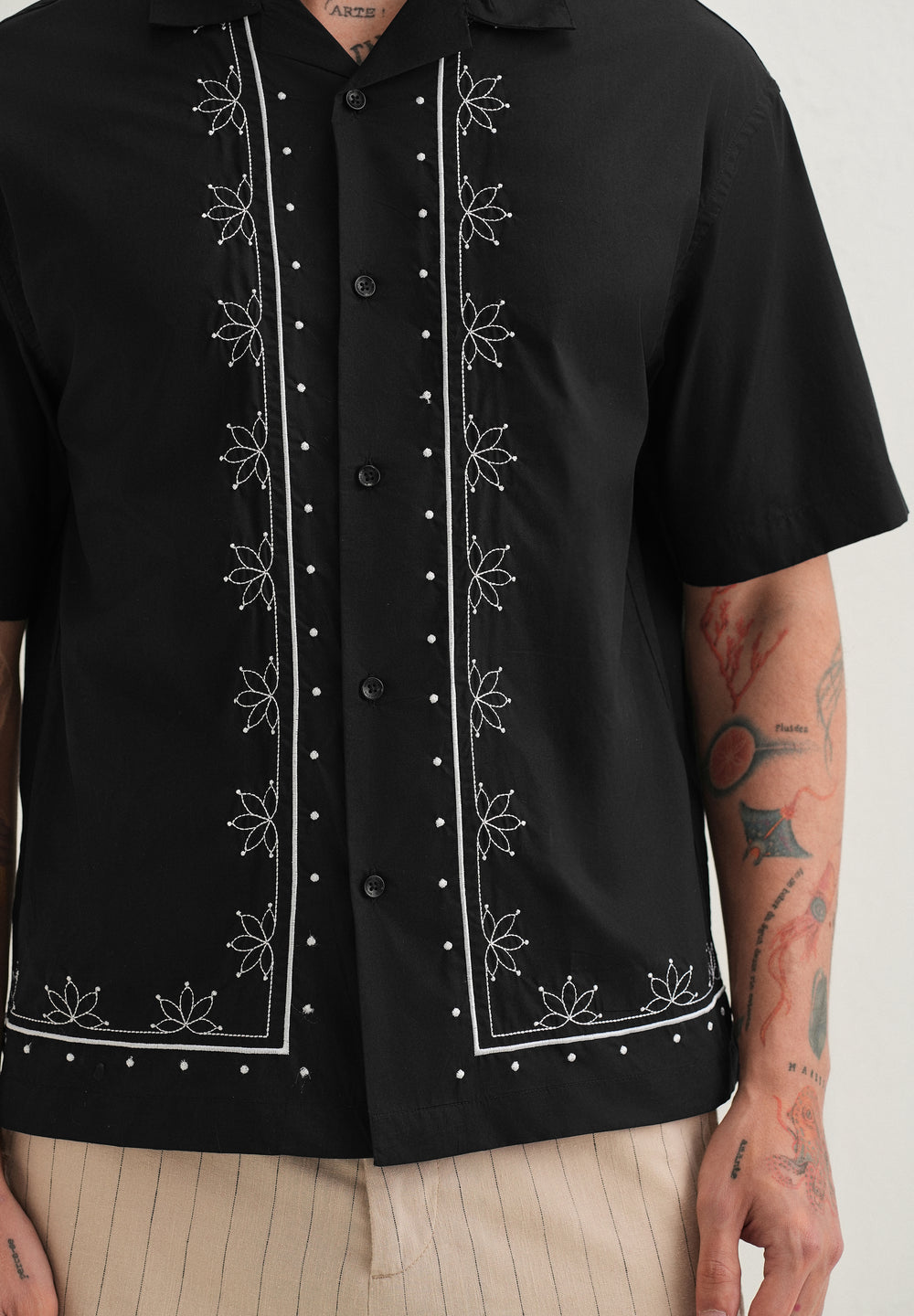 Black Floral Embroidered Stitchless Placket Shirt