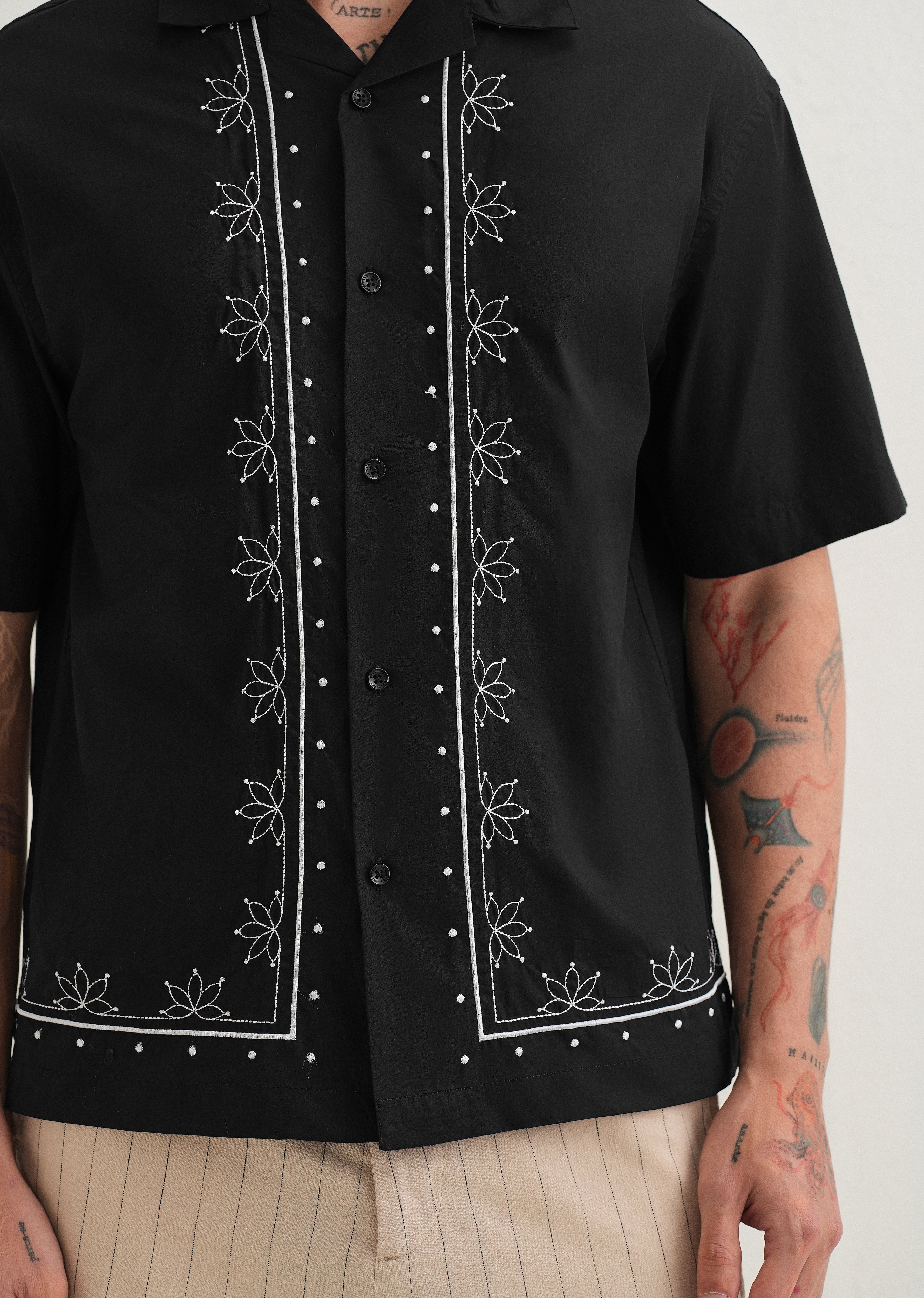 Black Floral Embroidered Stitchless Placket Shirt