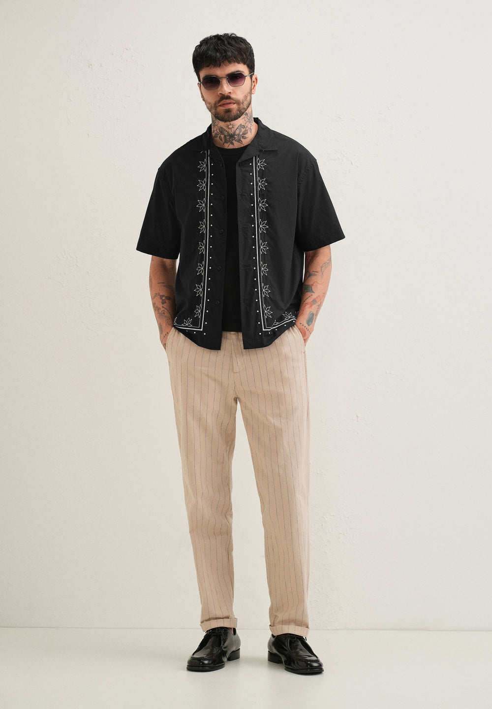 Black Floral Embroidered Stitchless Placket Shirt