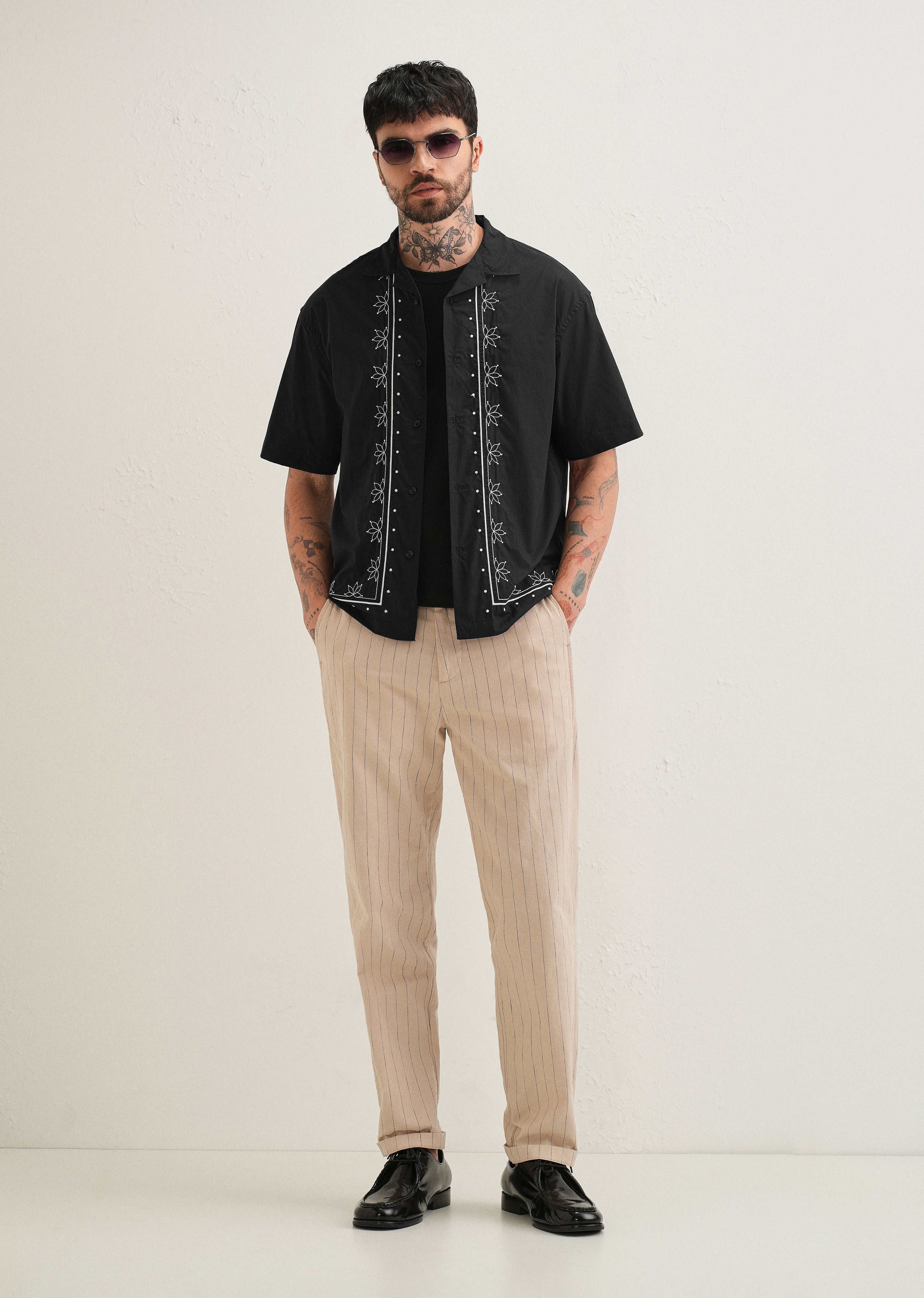 Black Floral Embroidered Stitchless Placket Shirt