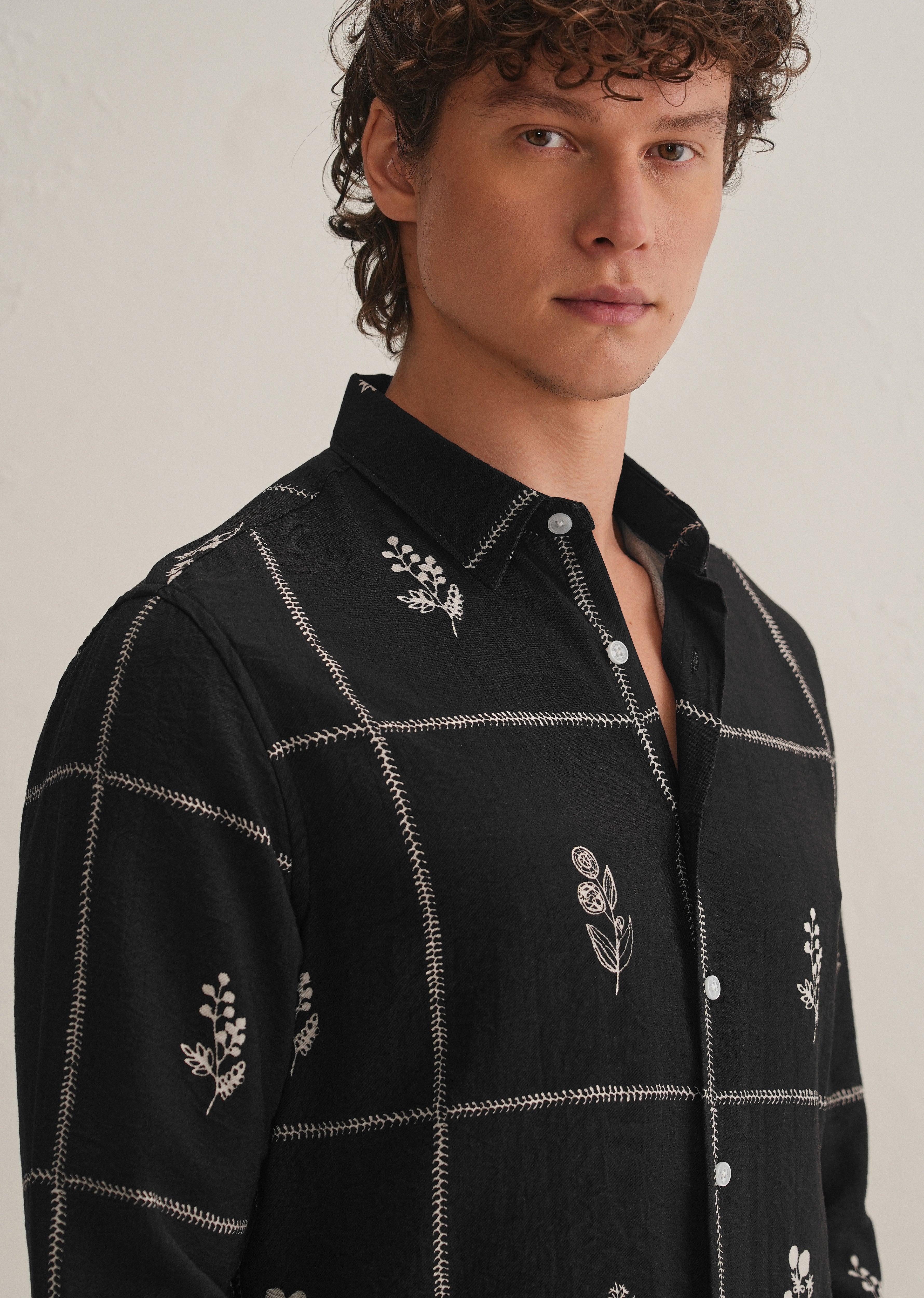 Black Floral Grid Printed Shirt