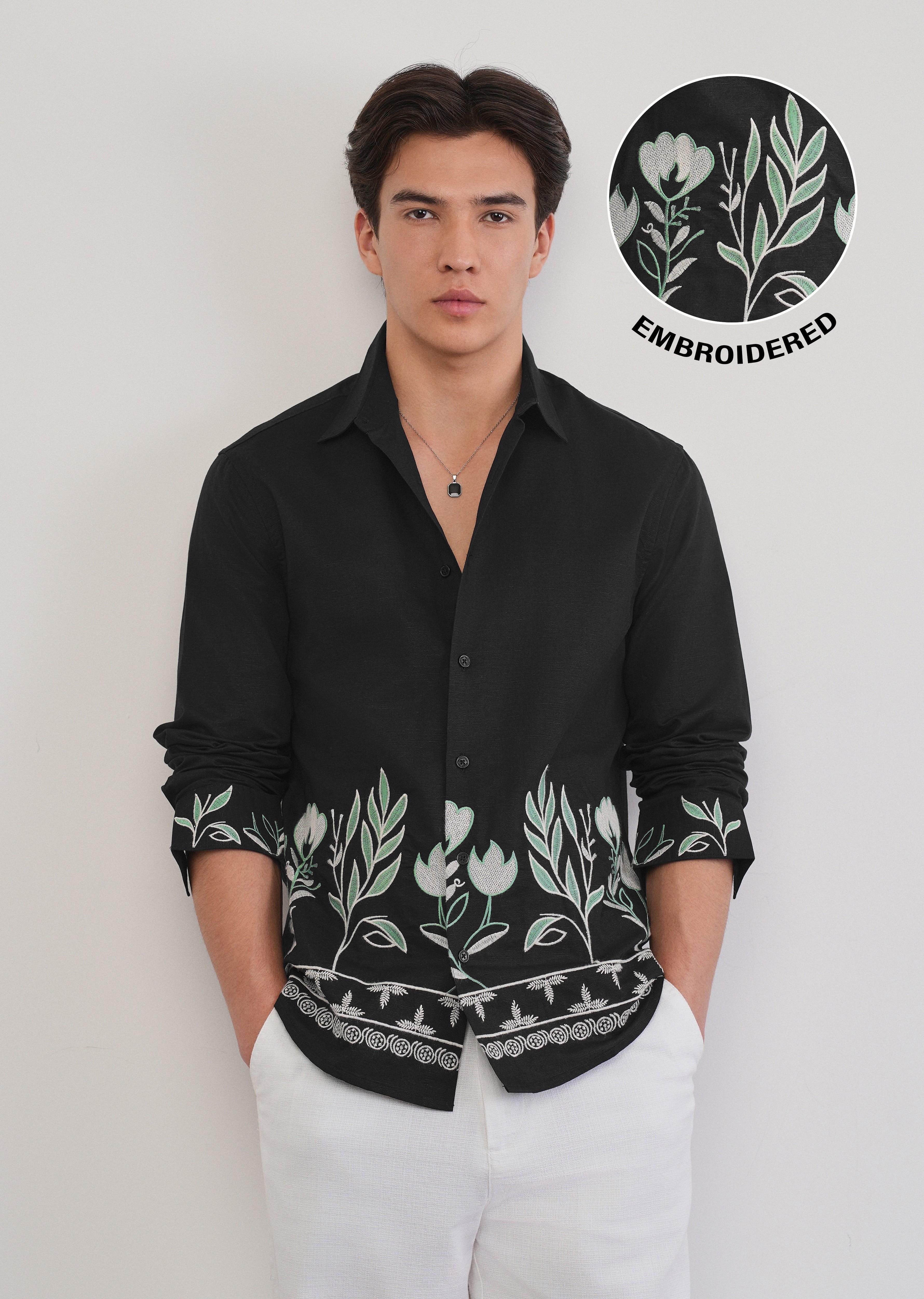 Black Floral Hem Embroidered Shirt
