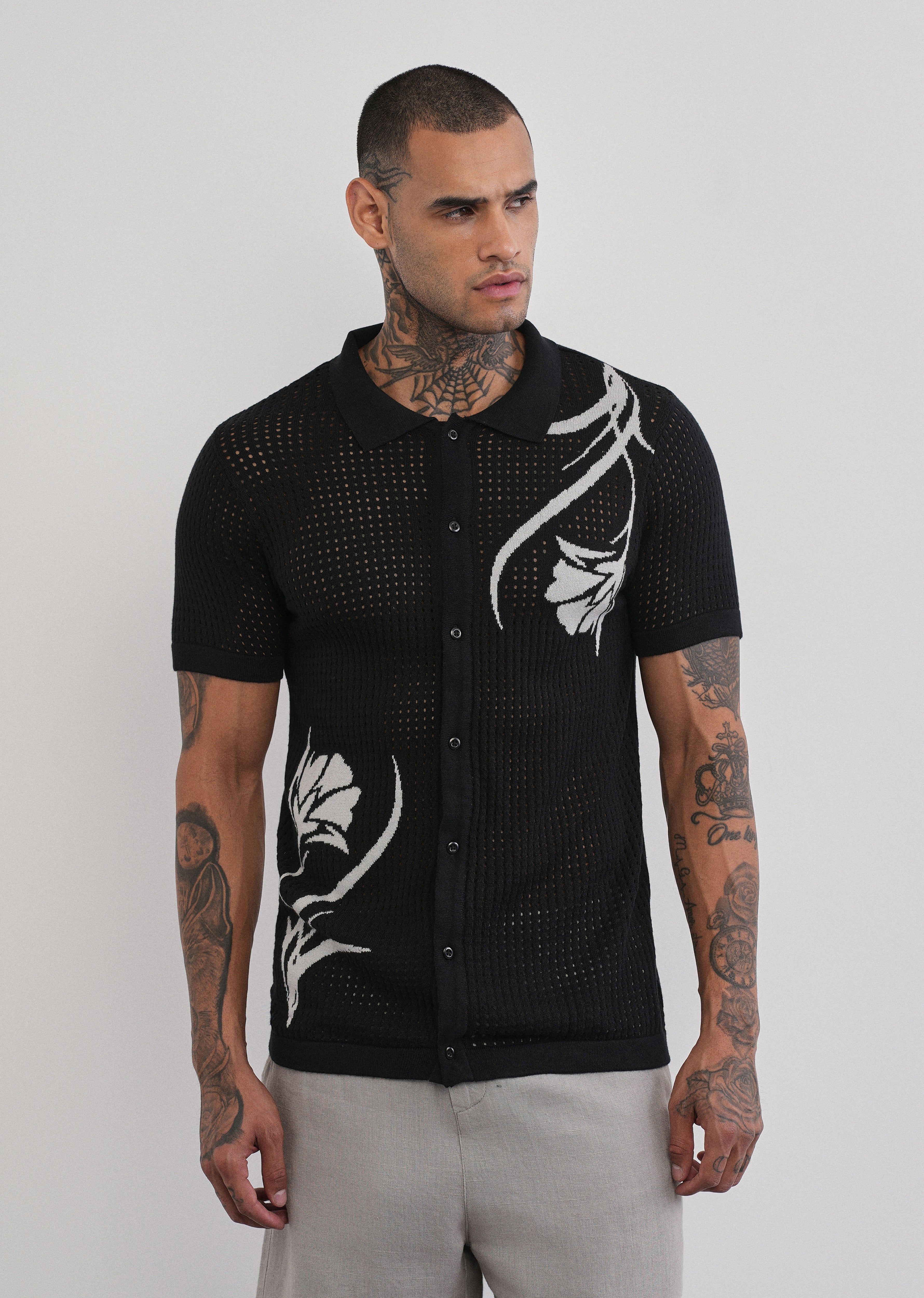 Black Floral Open Knit Shirt