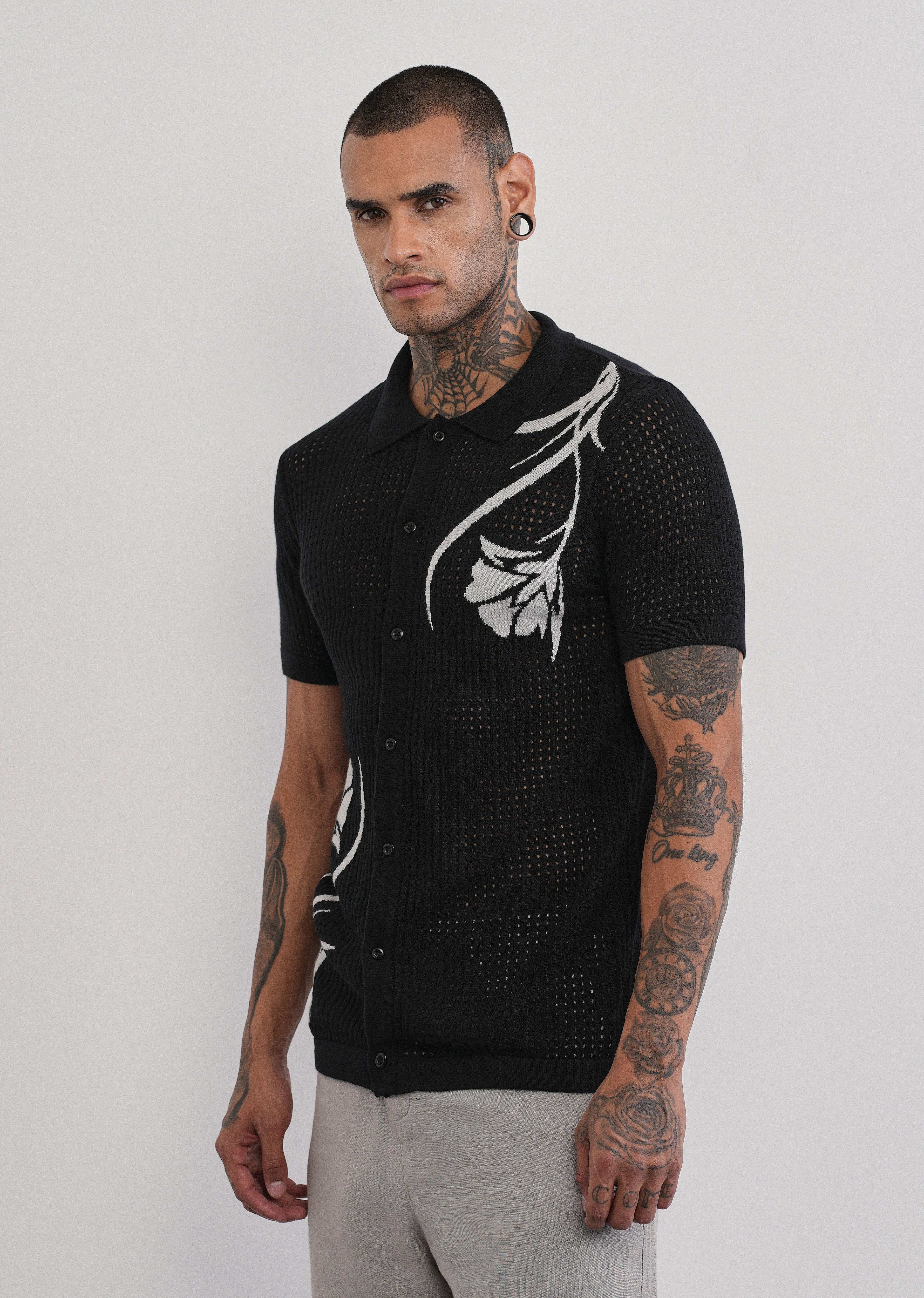 Black Floral Open Knit Shirt