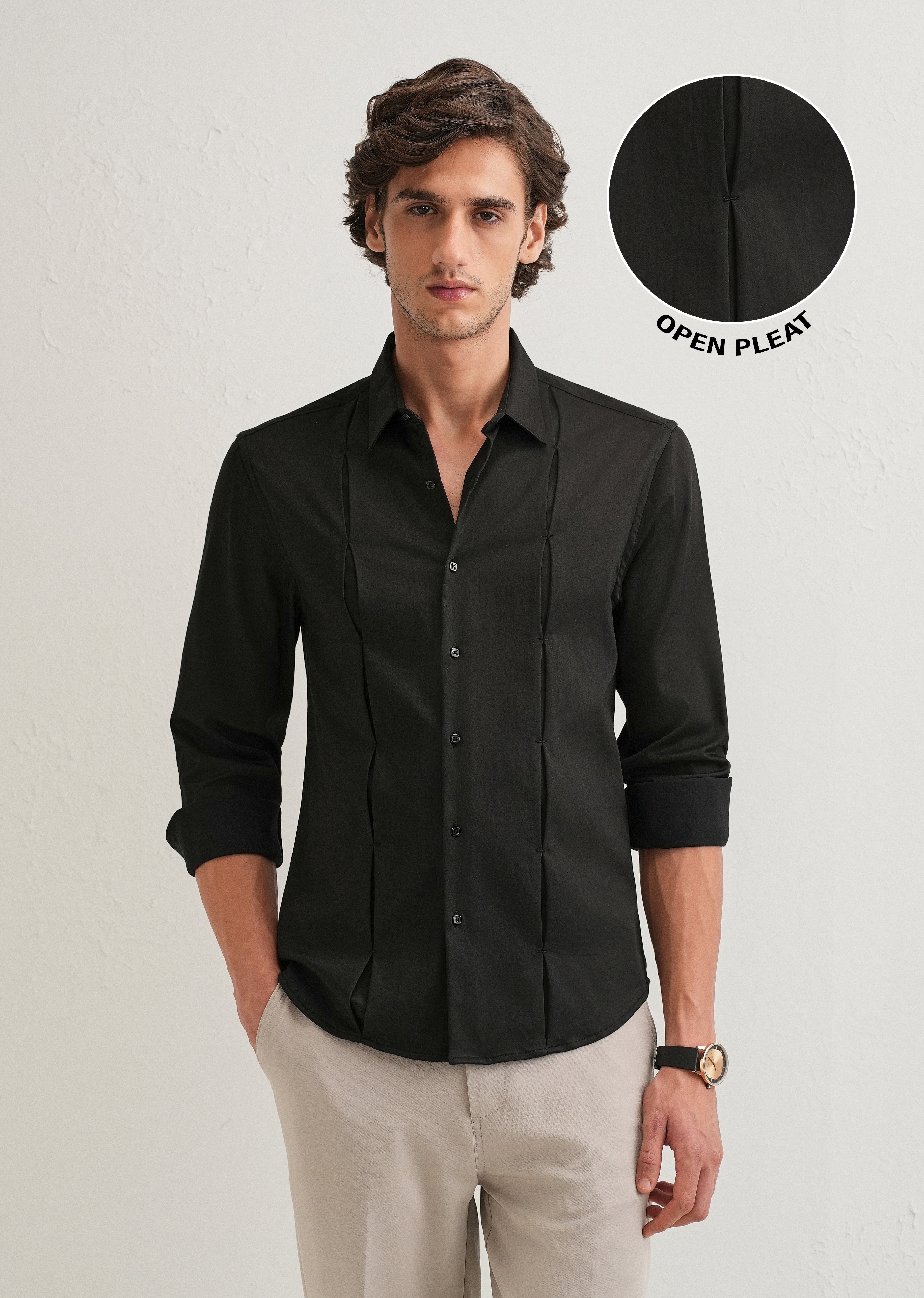 Black Front Panel Open Pleat Shirt