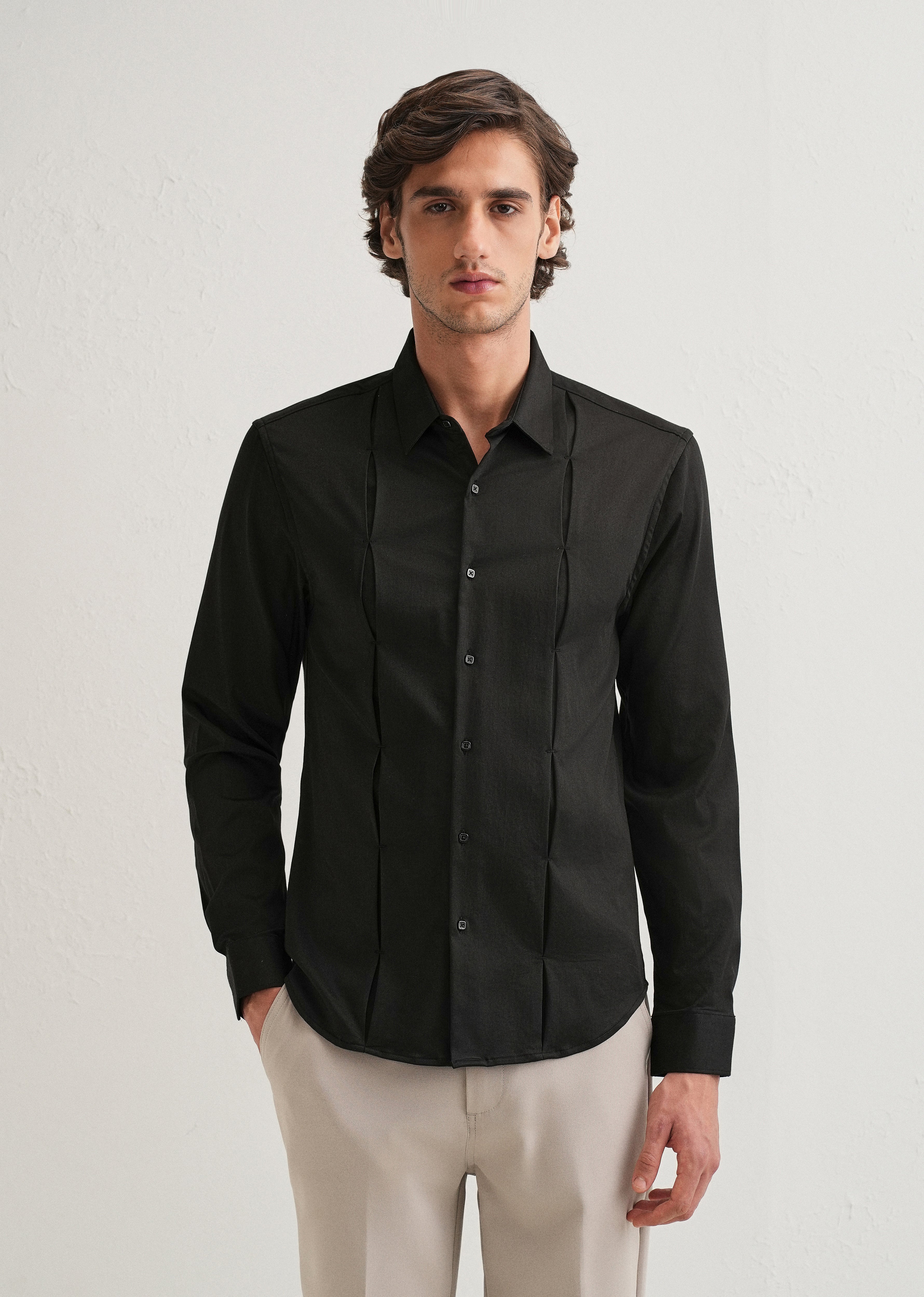 Black Front Panel Open Pleat Shirt