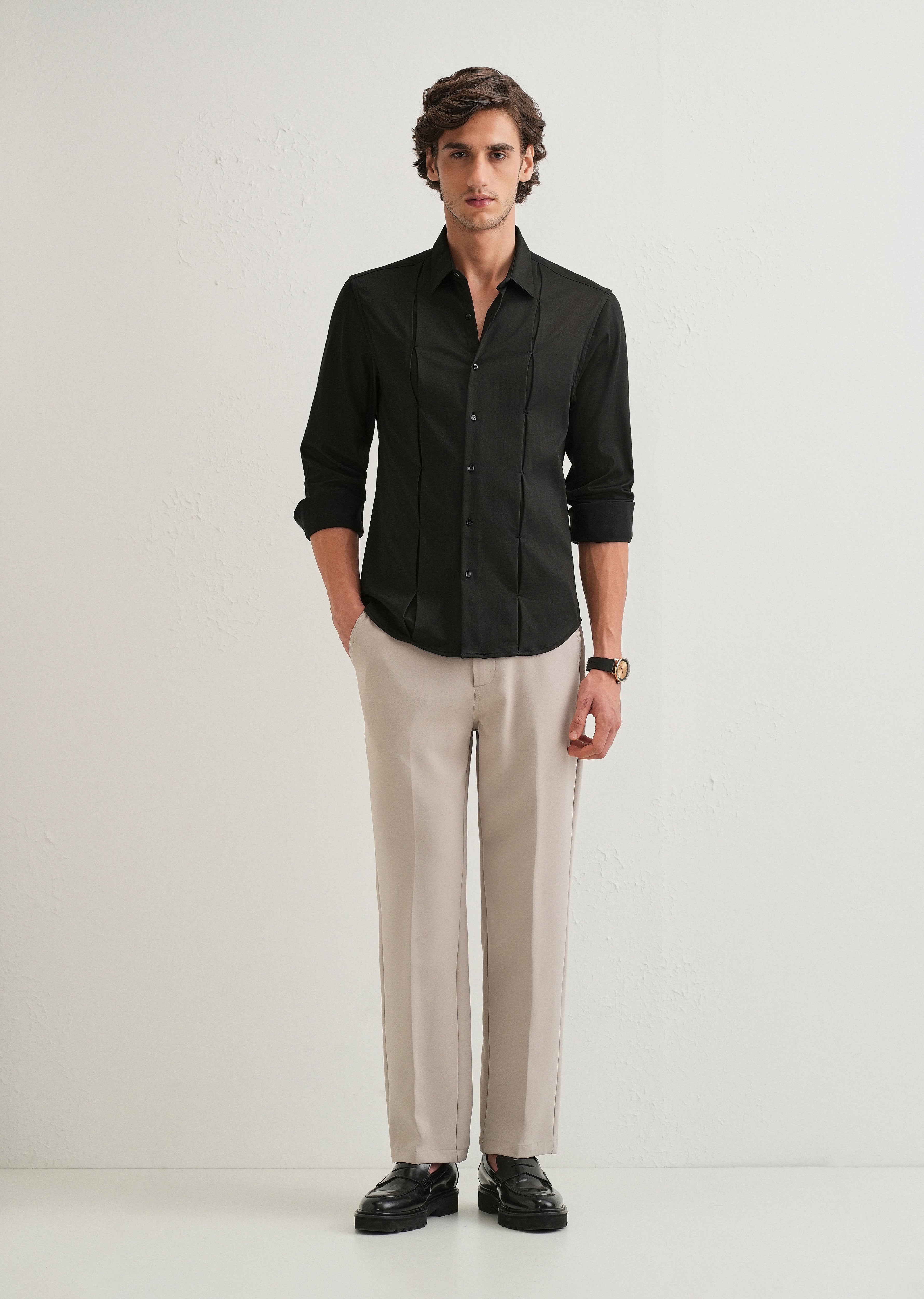 Black Front Panel Open Pleat Shirt