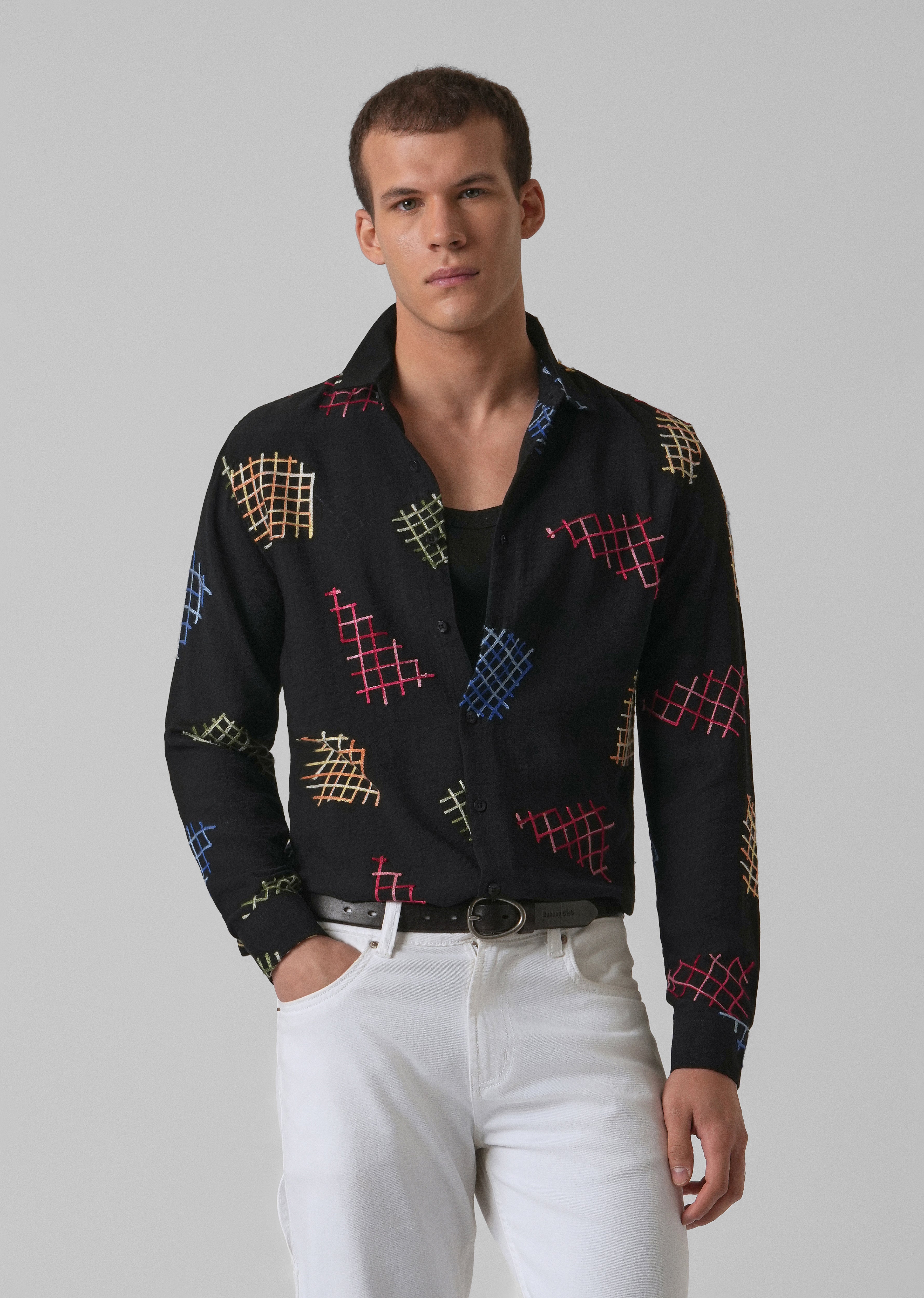 Black Geometric Embroidered Shirt