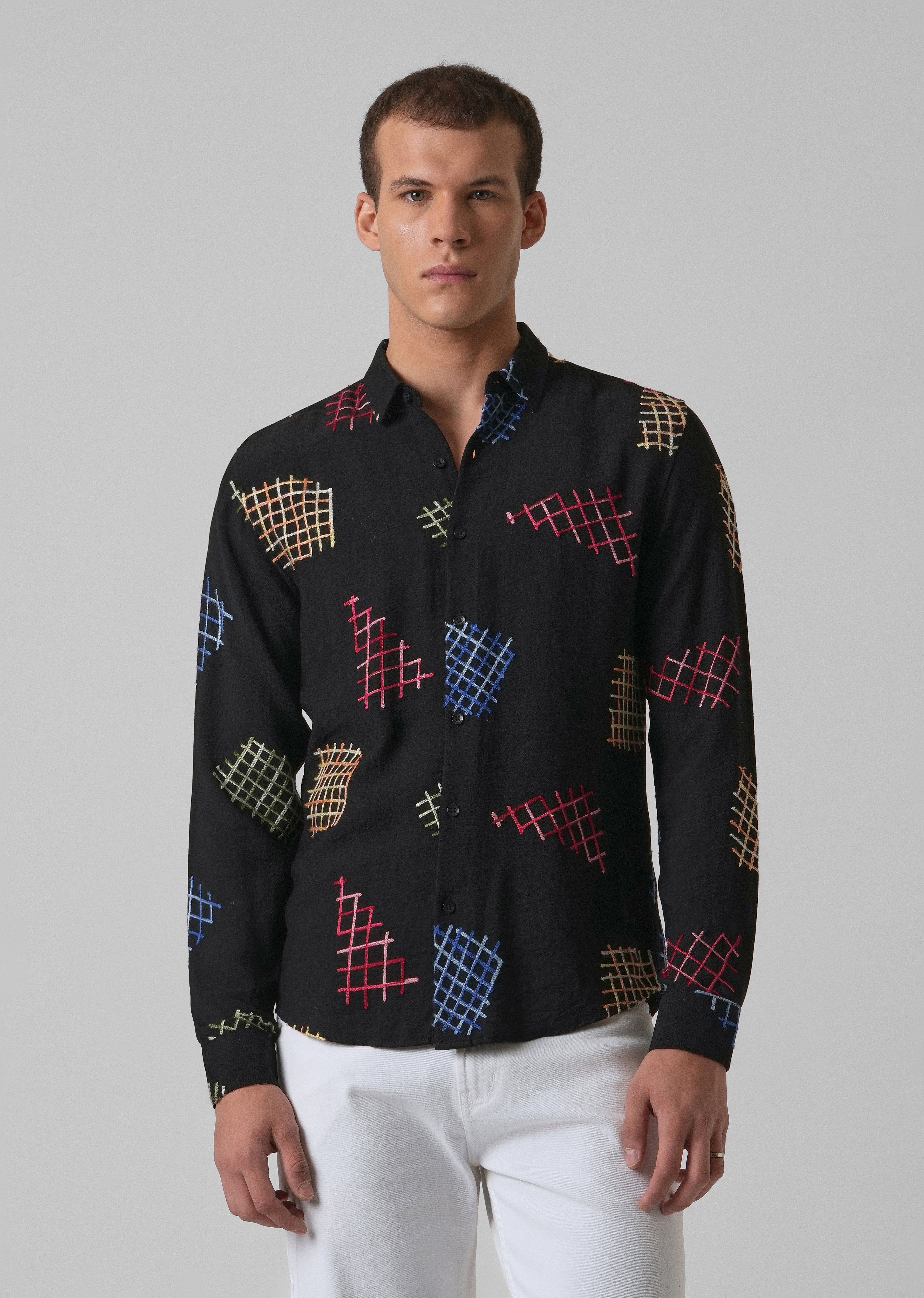 Black Geometric Embroidered Shirt