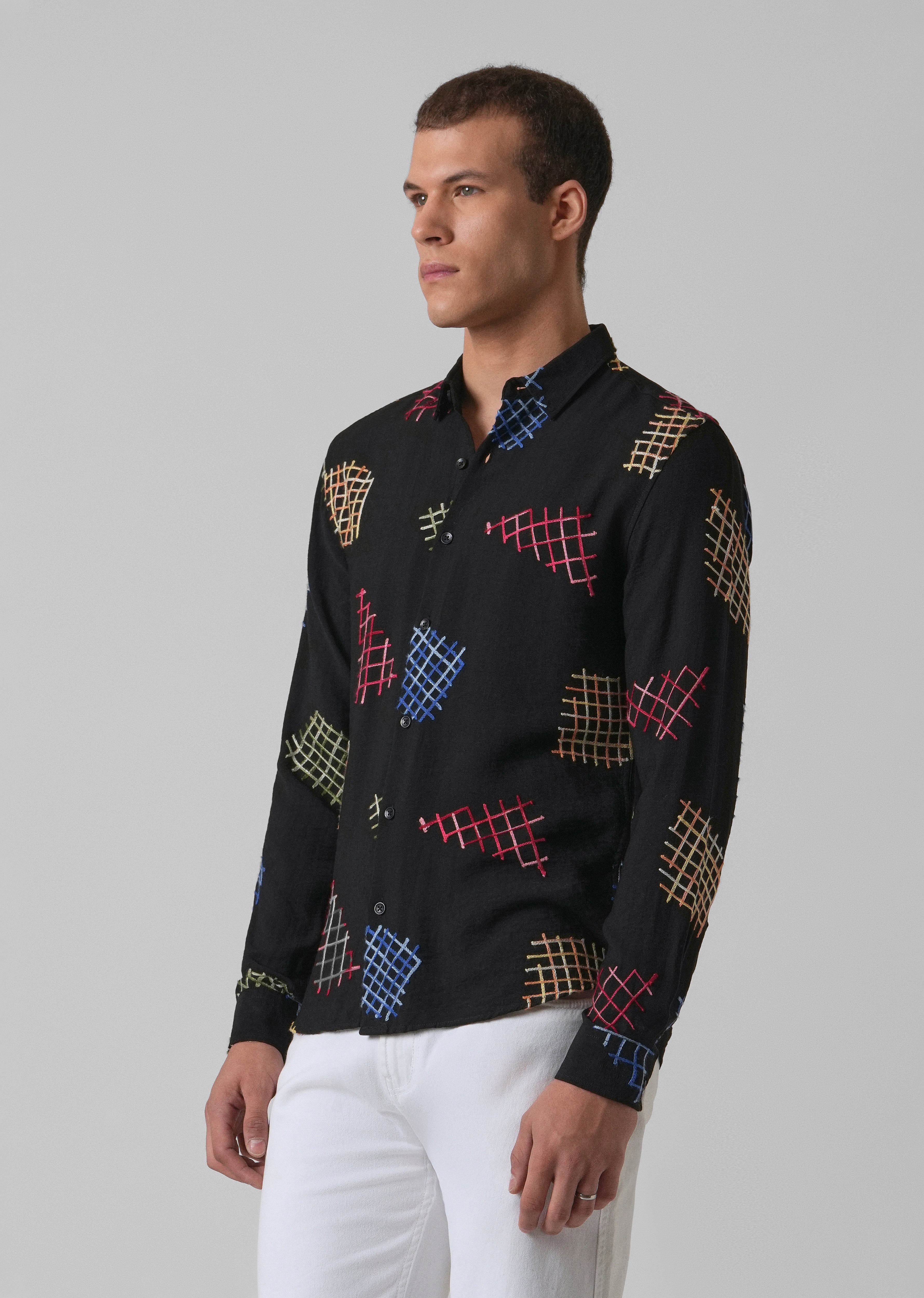 Black Geometric Embroidered Shirt