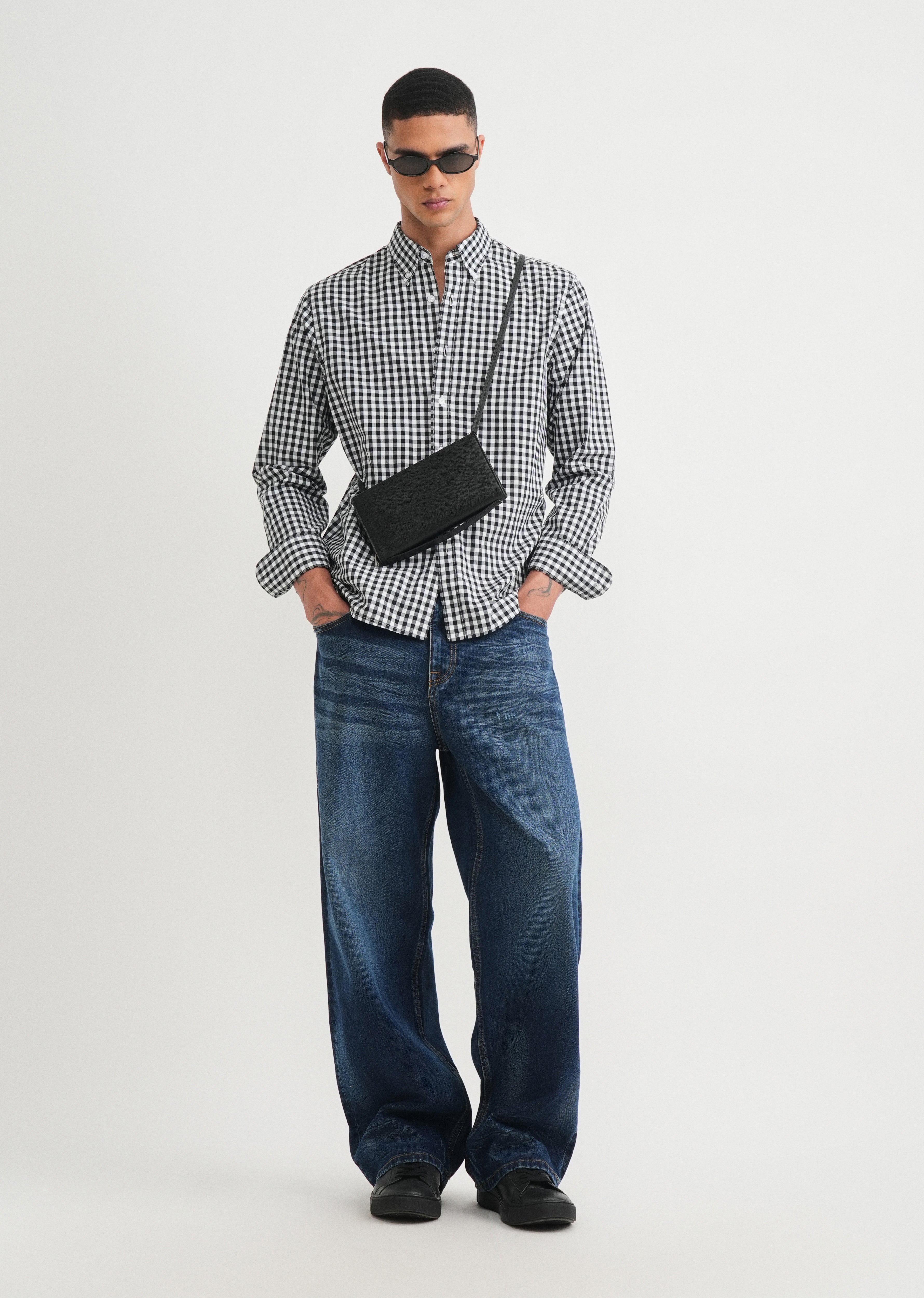 Black Gingham Check Cotton Shirt