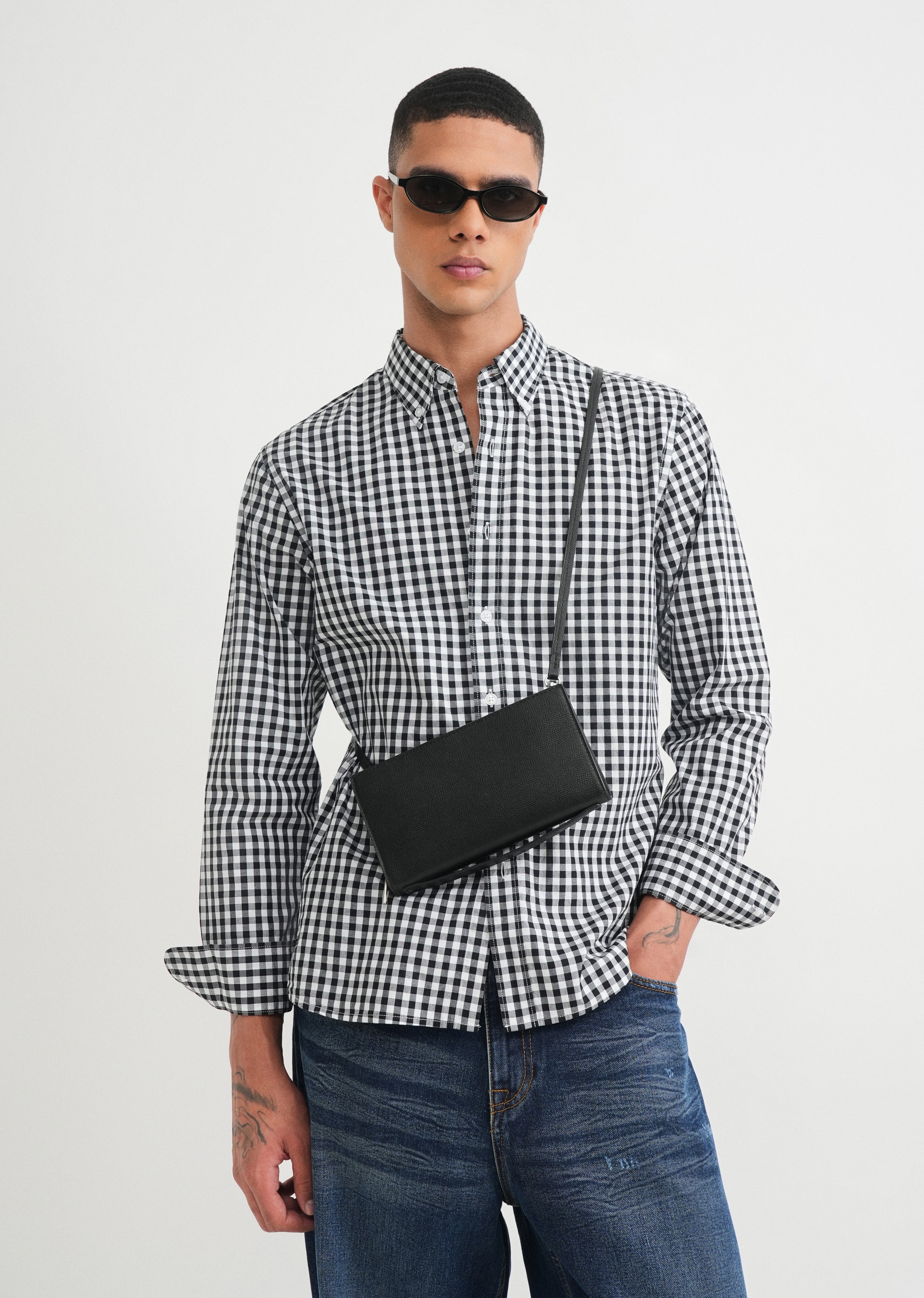Black Gingham Check Cotton Shirt
