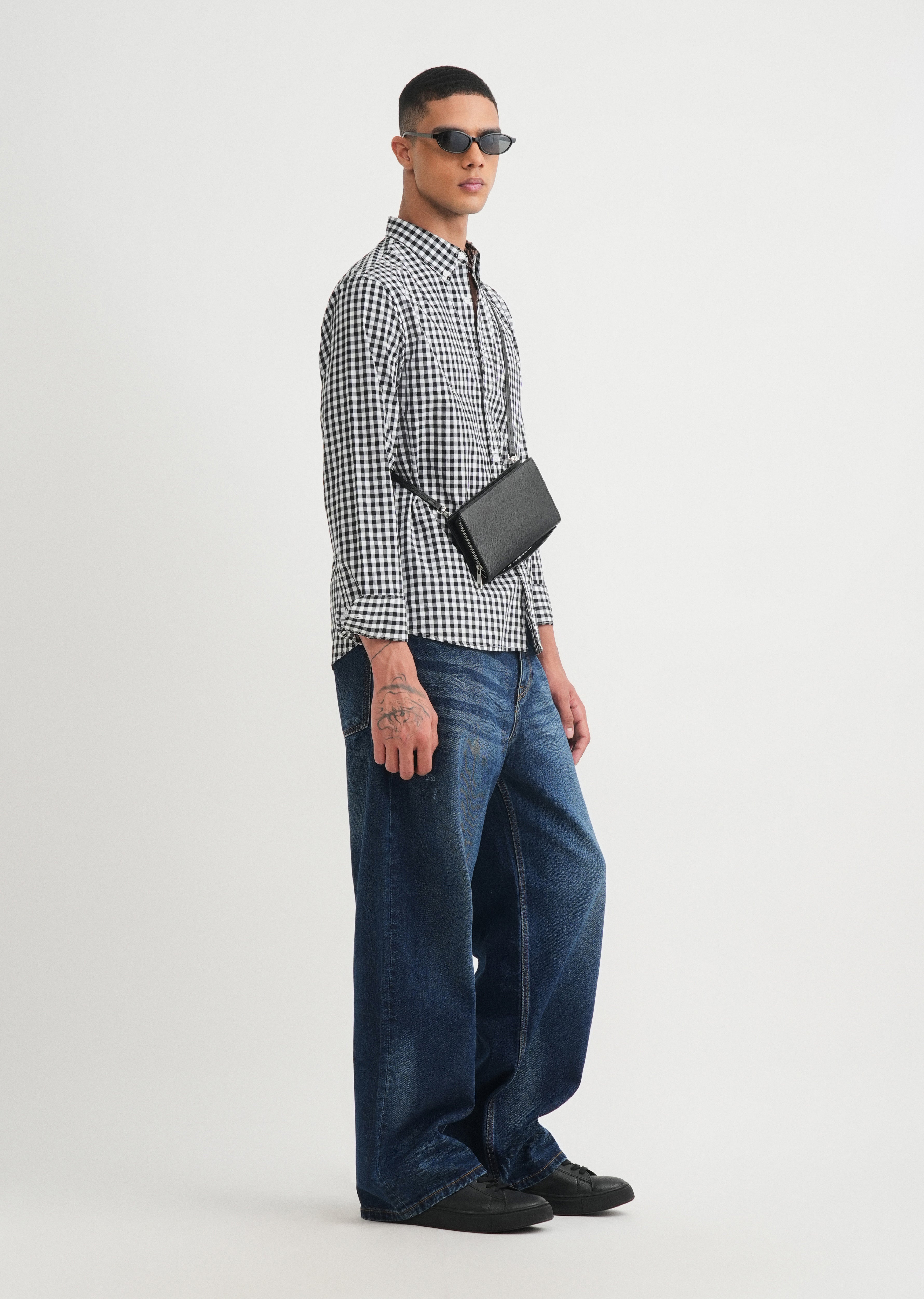 Black Gingham Check Cotton Shirt