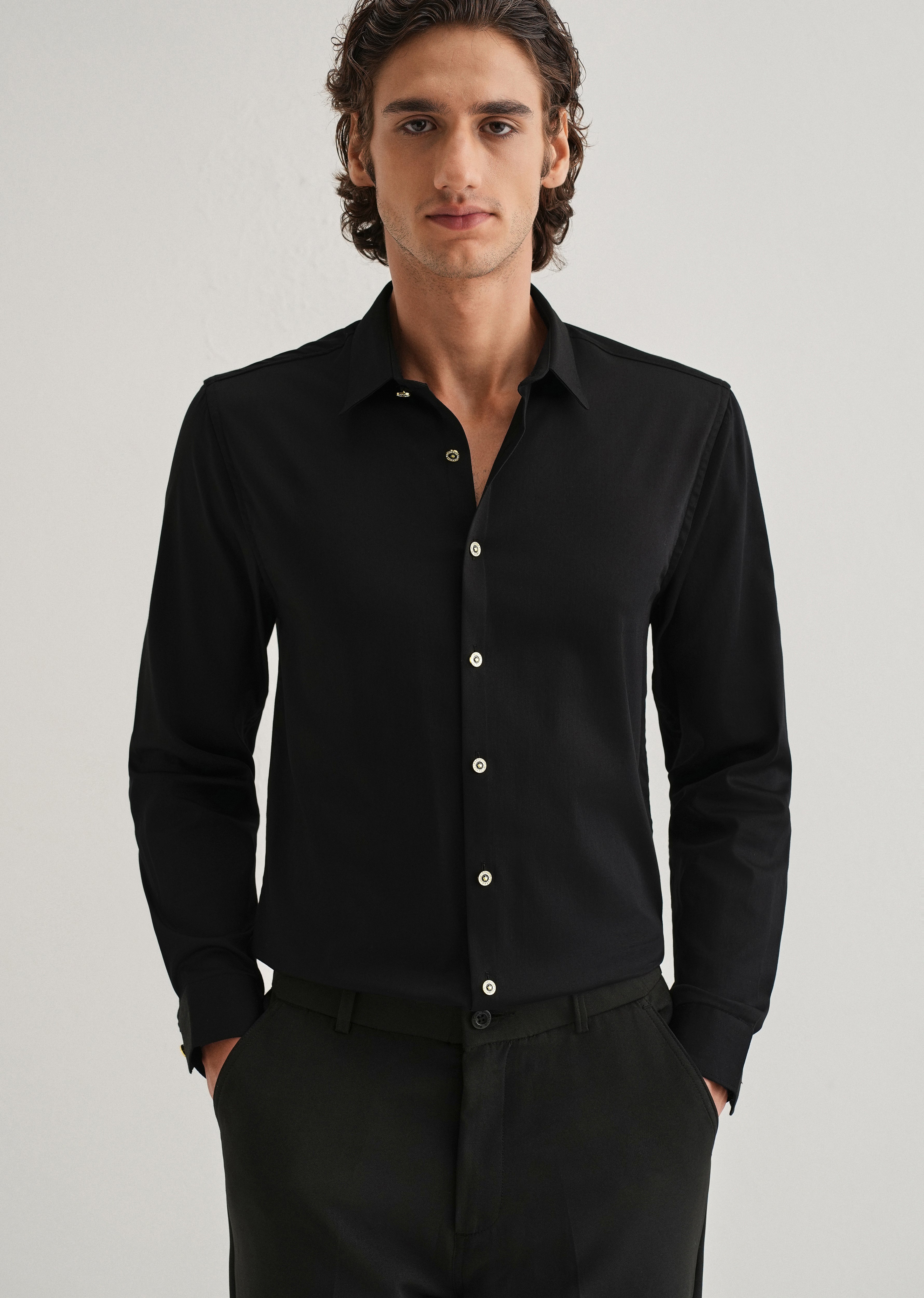 Black Glossy Gold Embellished Button Shirt
