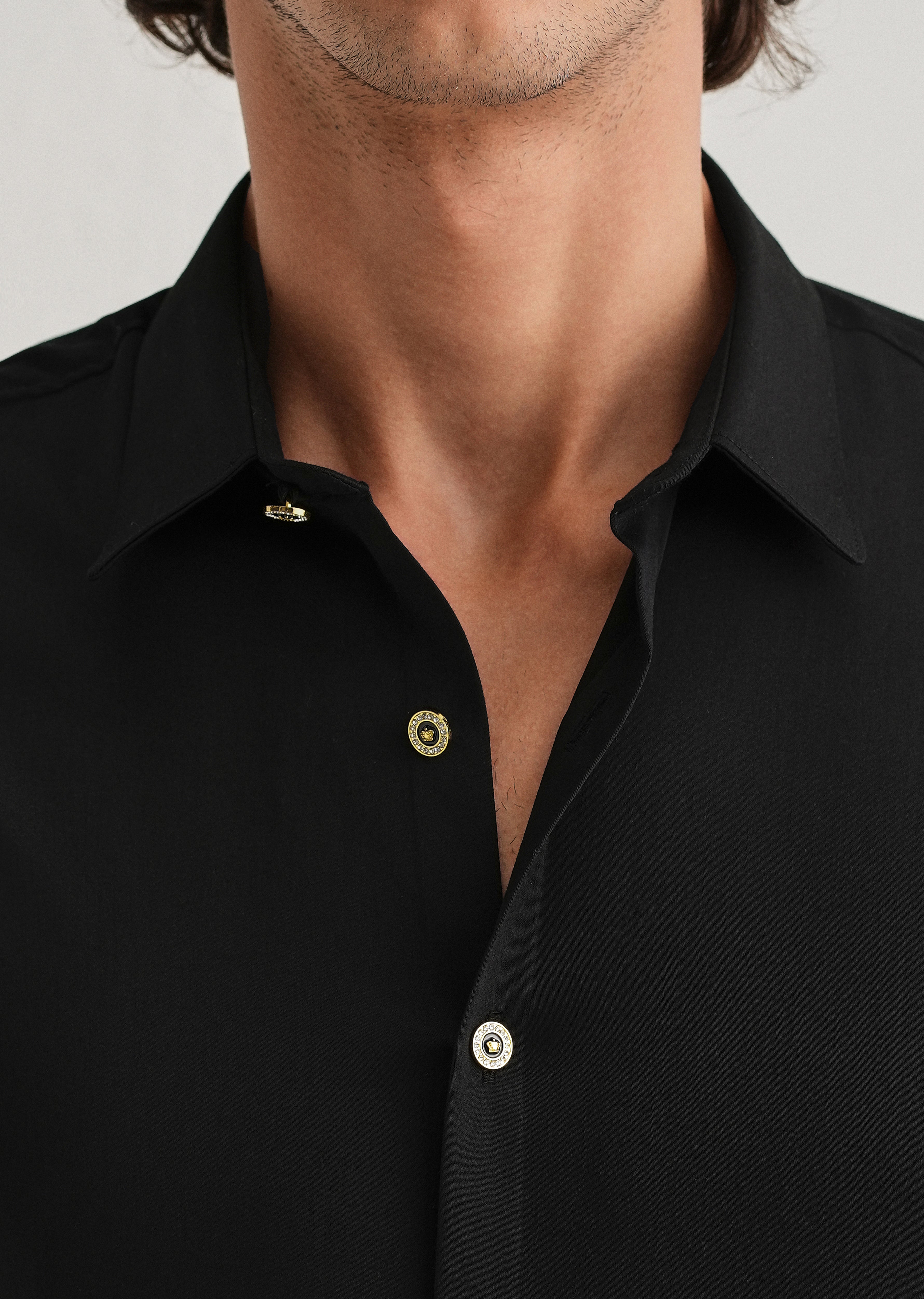 Black Glossy Gold Embellished Button Shirt