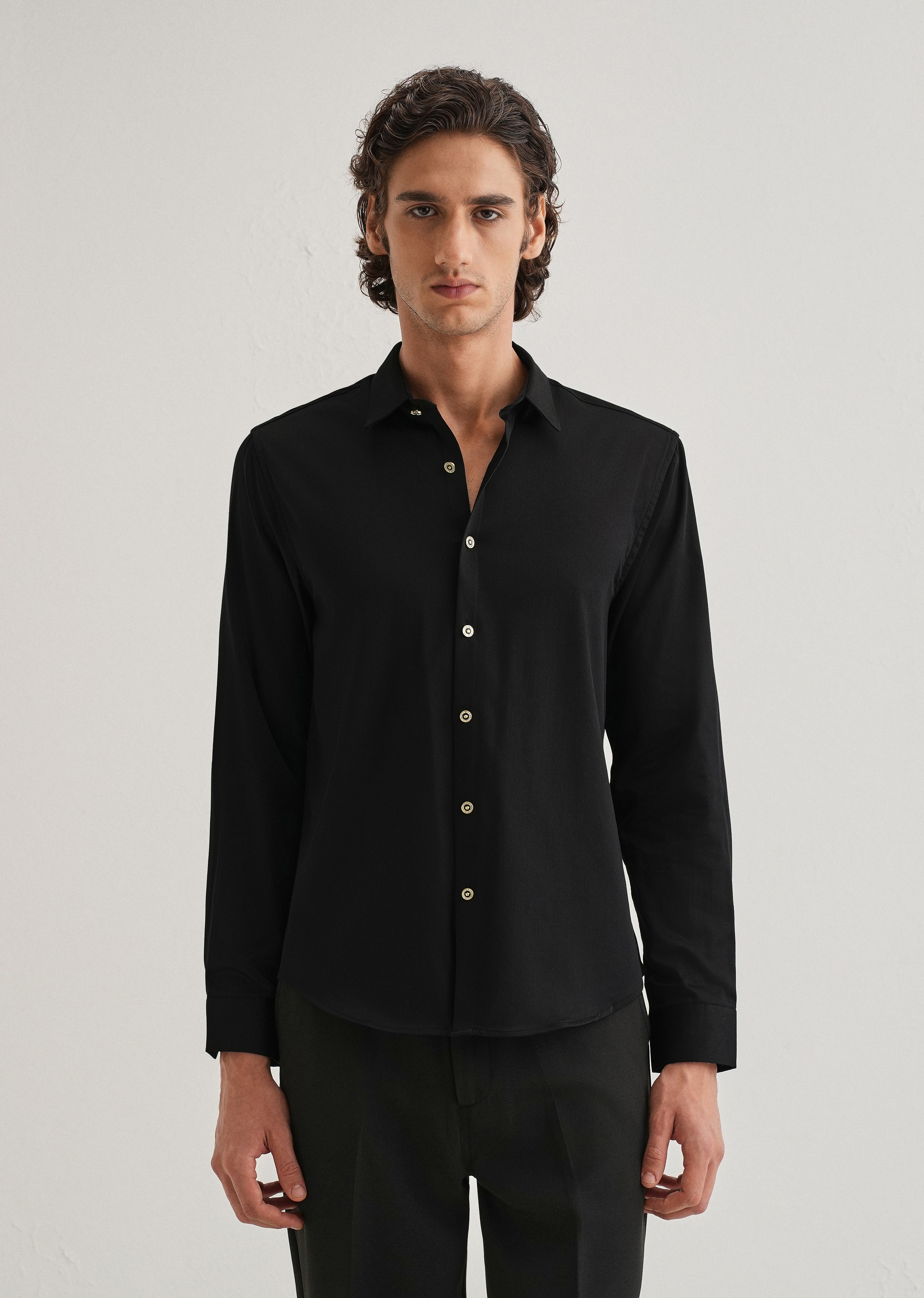 Black Glossy Gold Embellished Button Shirt