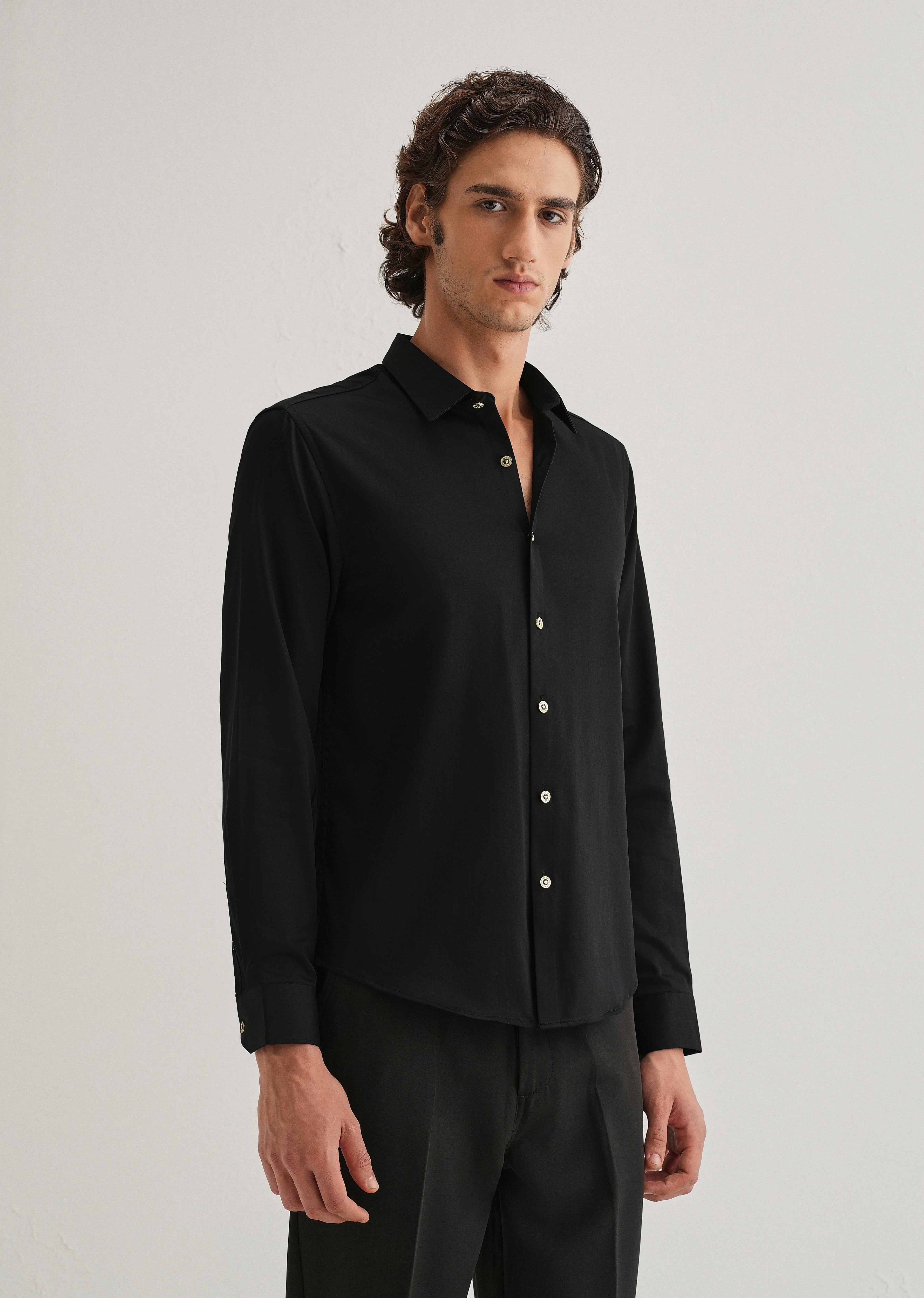 Black Glossy Gold Embellished Button Shirt