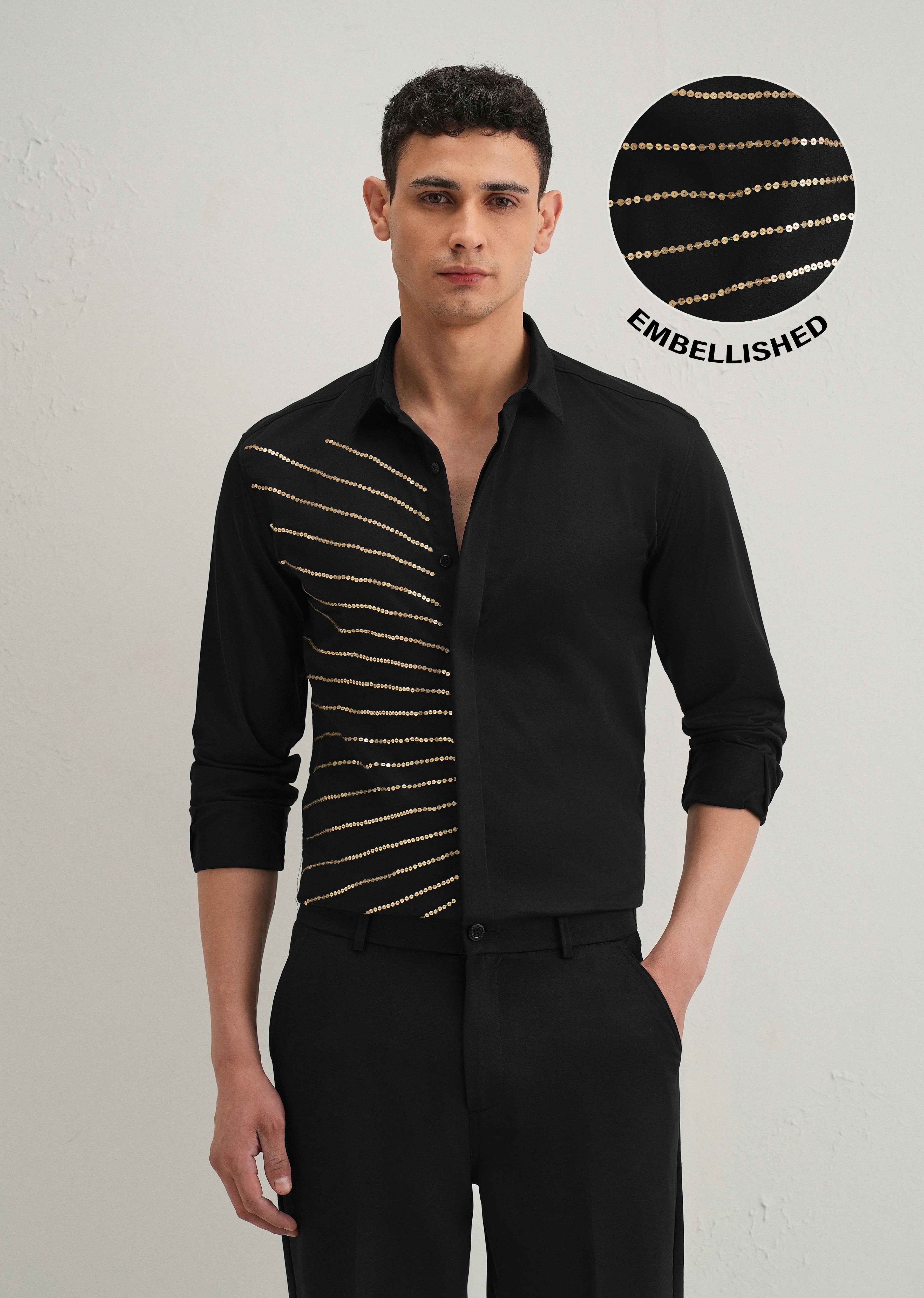 Black Gradient Ray Sequin Designer Shirt