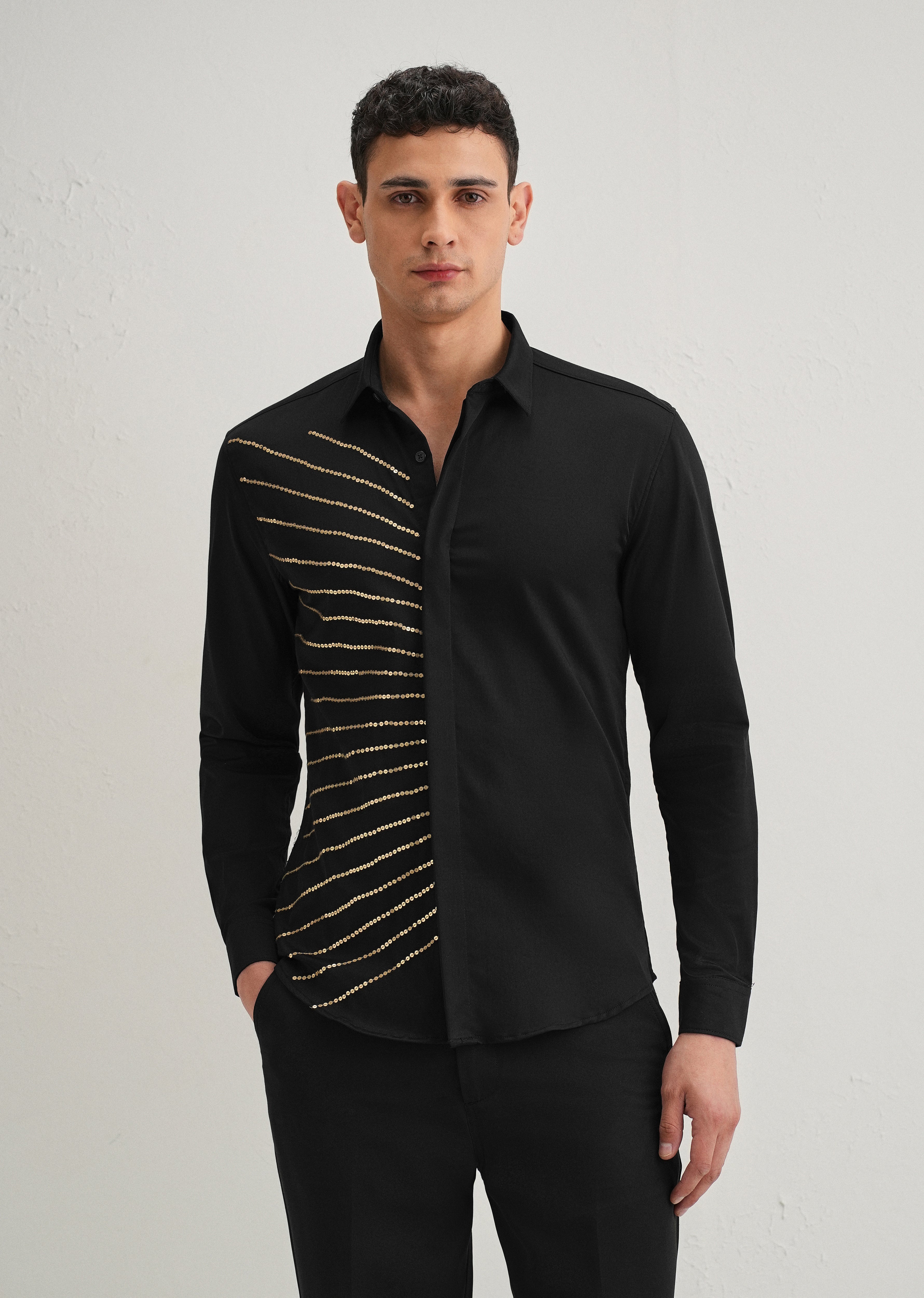 Black Gradient Ray Sequin Designer Shirt