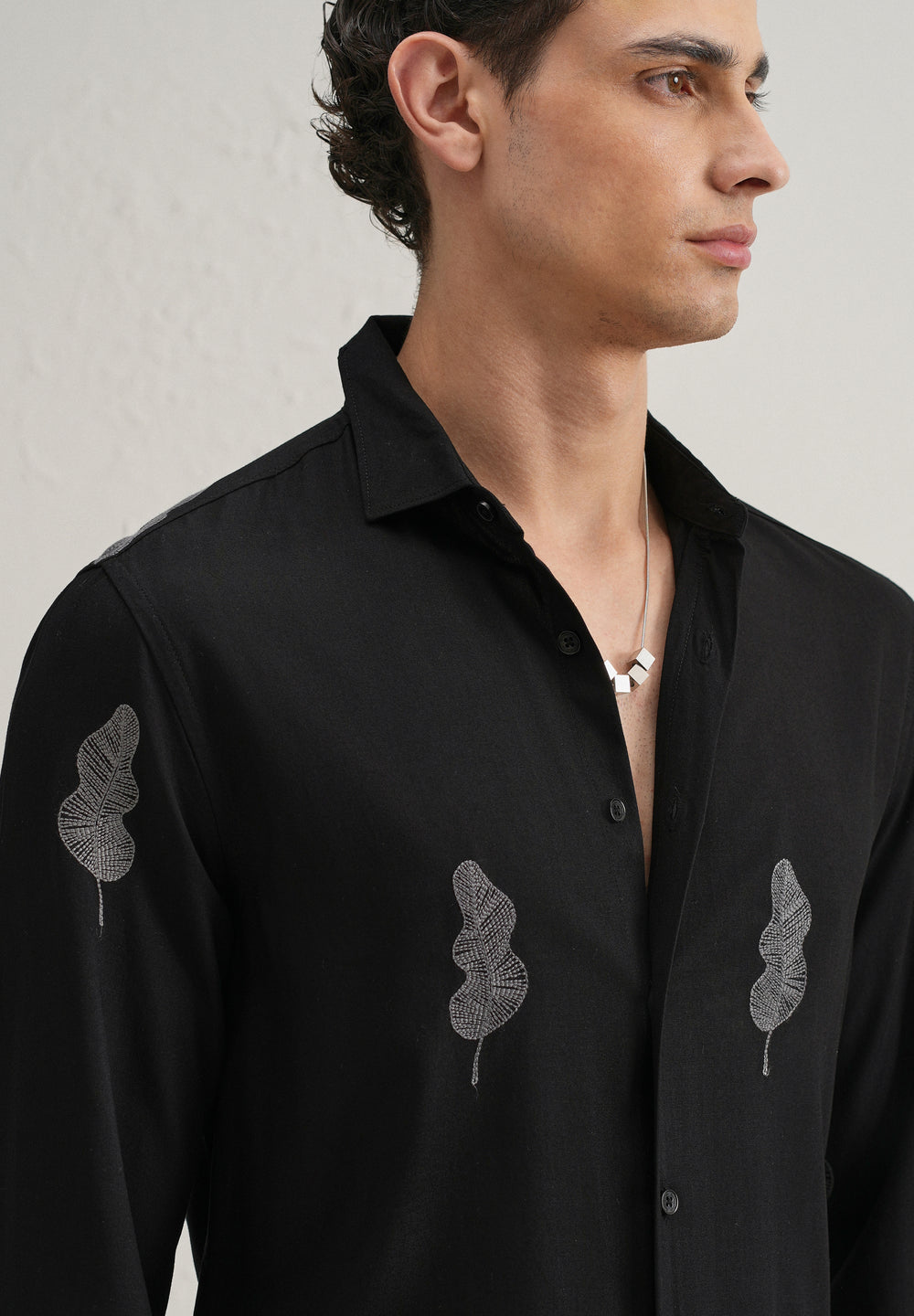 Black Grey Leaf Motif Embroidery Shirt