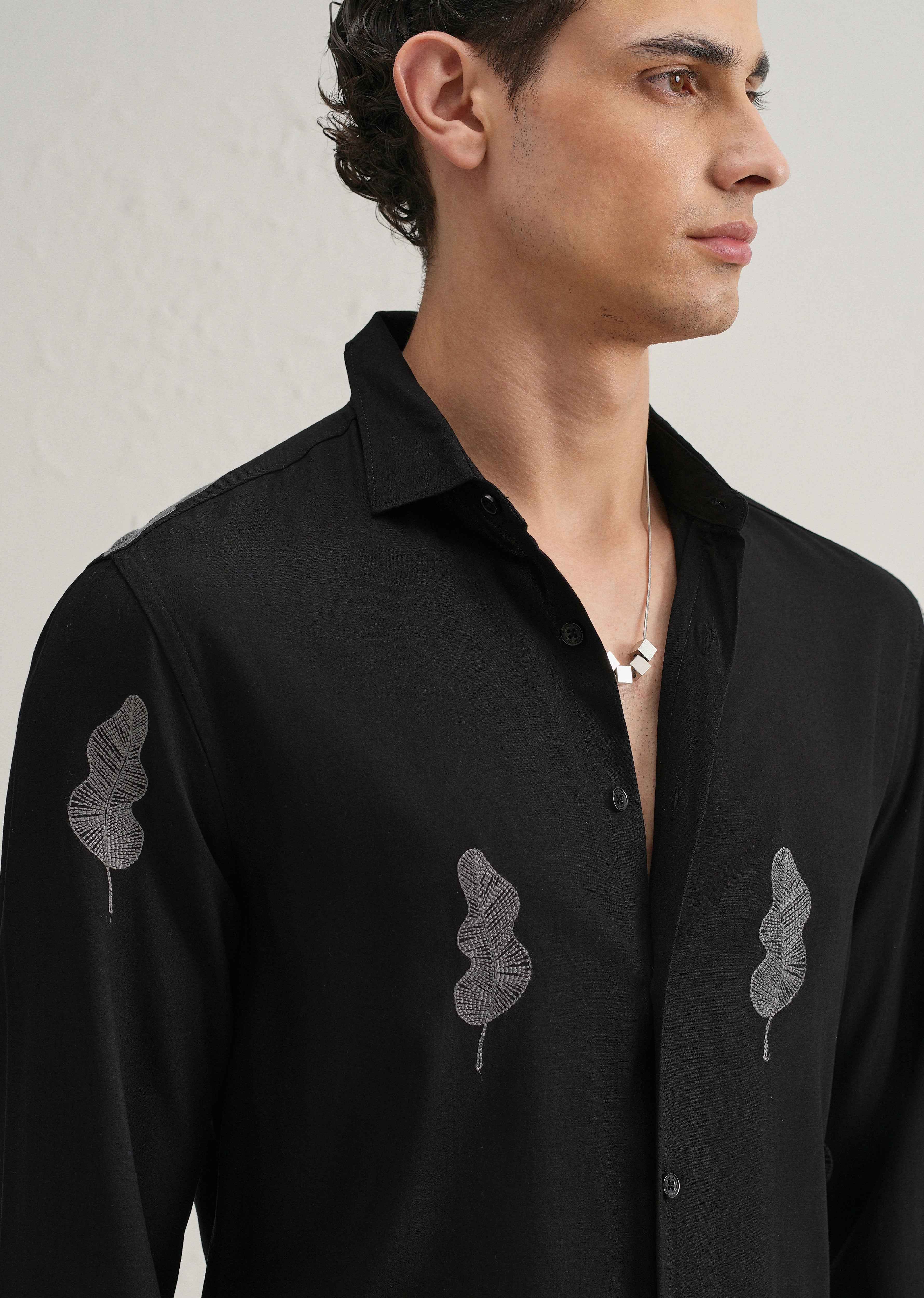 Black Grey Leaf Motif Embroidery Shirt
